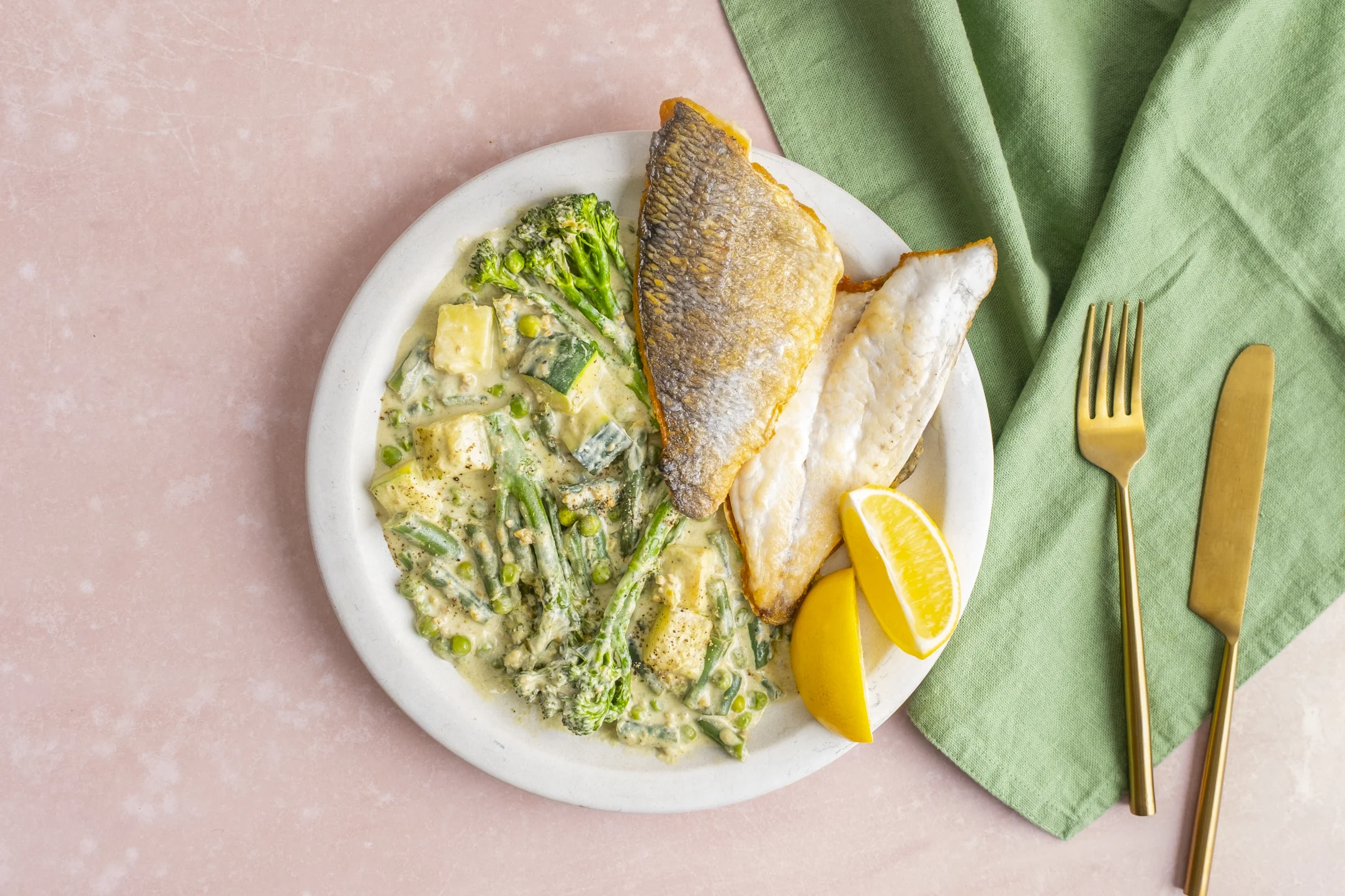 Express: Pan-fried Seabream with Creamy Pesto Veg Medley