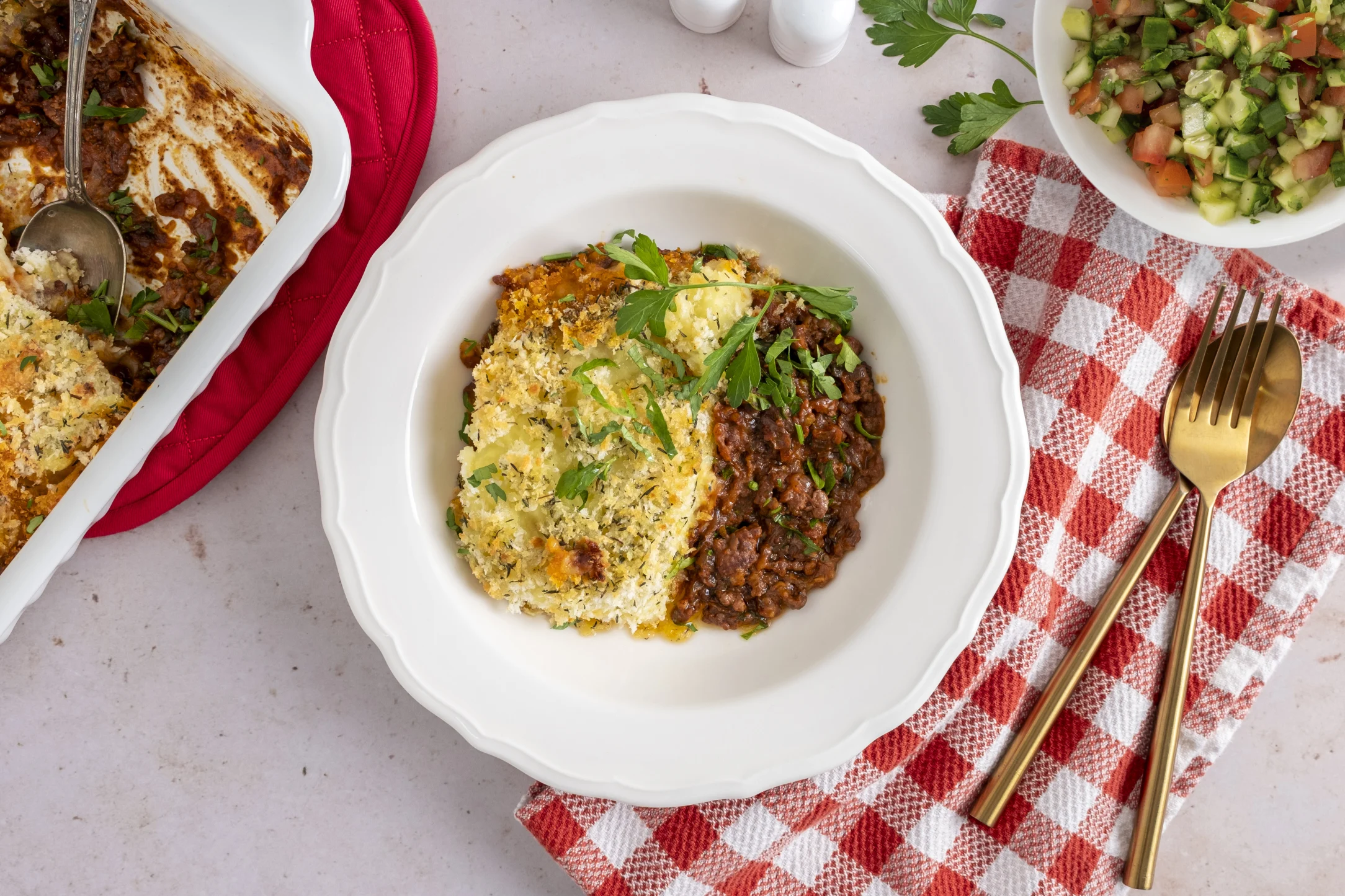 Middle-Eastern Lamb and Potato Pie with Cucumber Tomato Salad