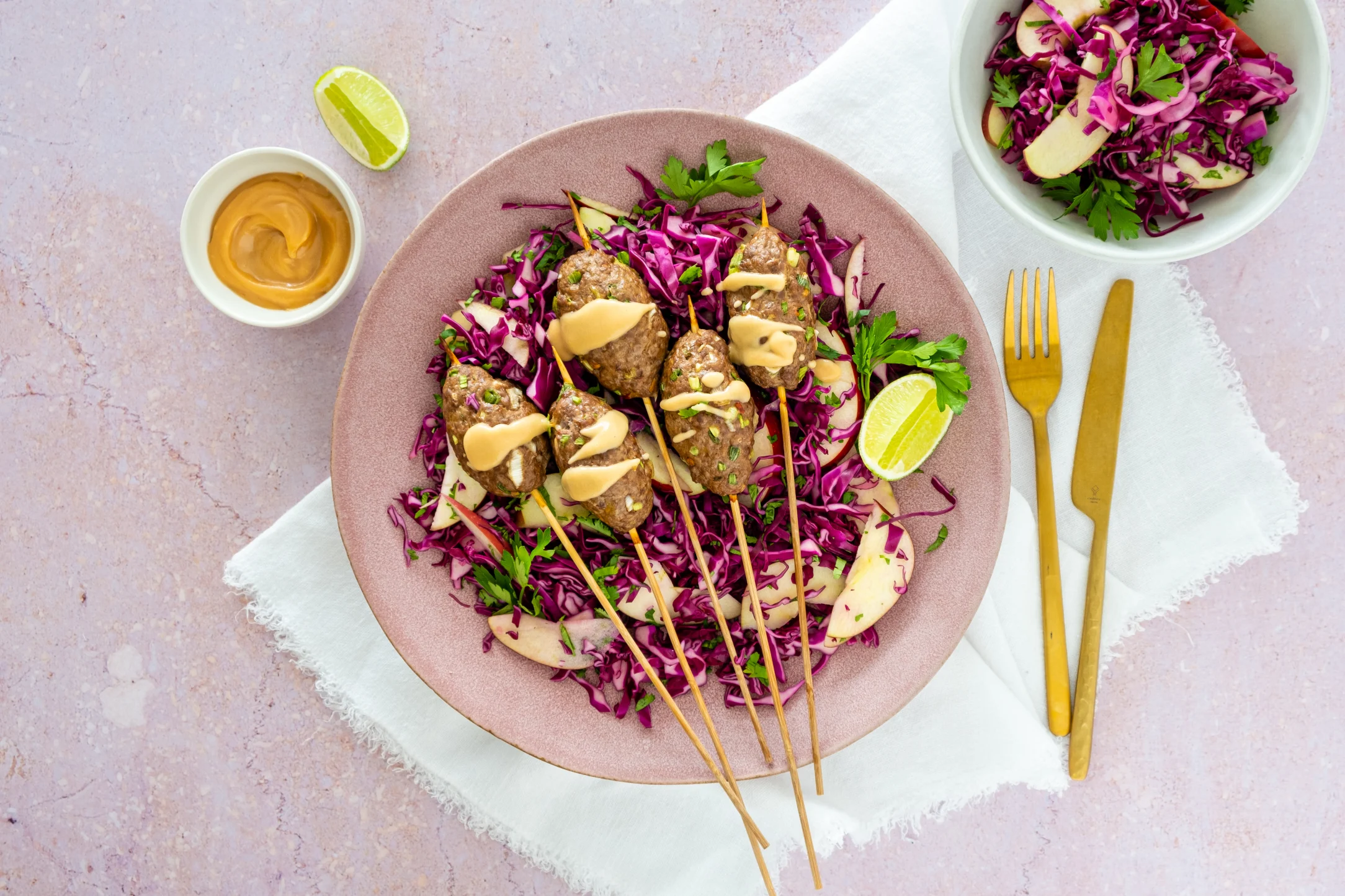 Asian Beef Skewers with Cabbage Apple Slaw and Creamy Sesame Peanut Dip
