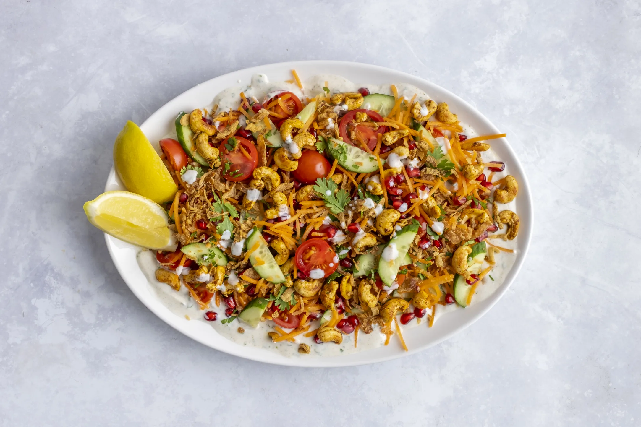 Indian-inspired Crunchy Veg Salad with Mango Chutney-Yogurt Dressing and Tandoori Cashew Nuts