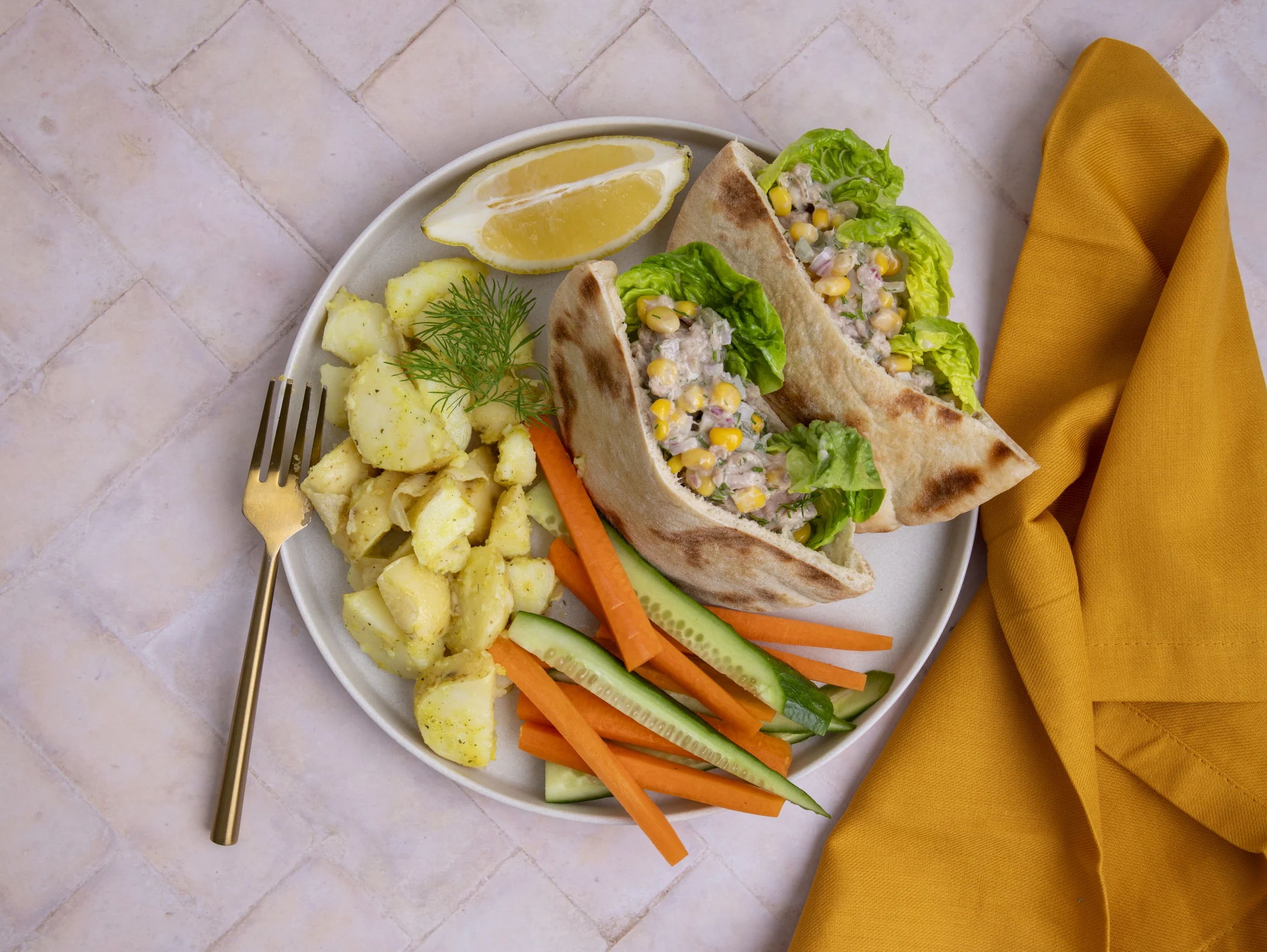 Tuna and Sweetcorn Pitta Sandwiches with Potato Salad and Crudites