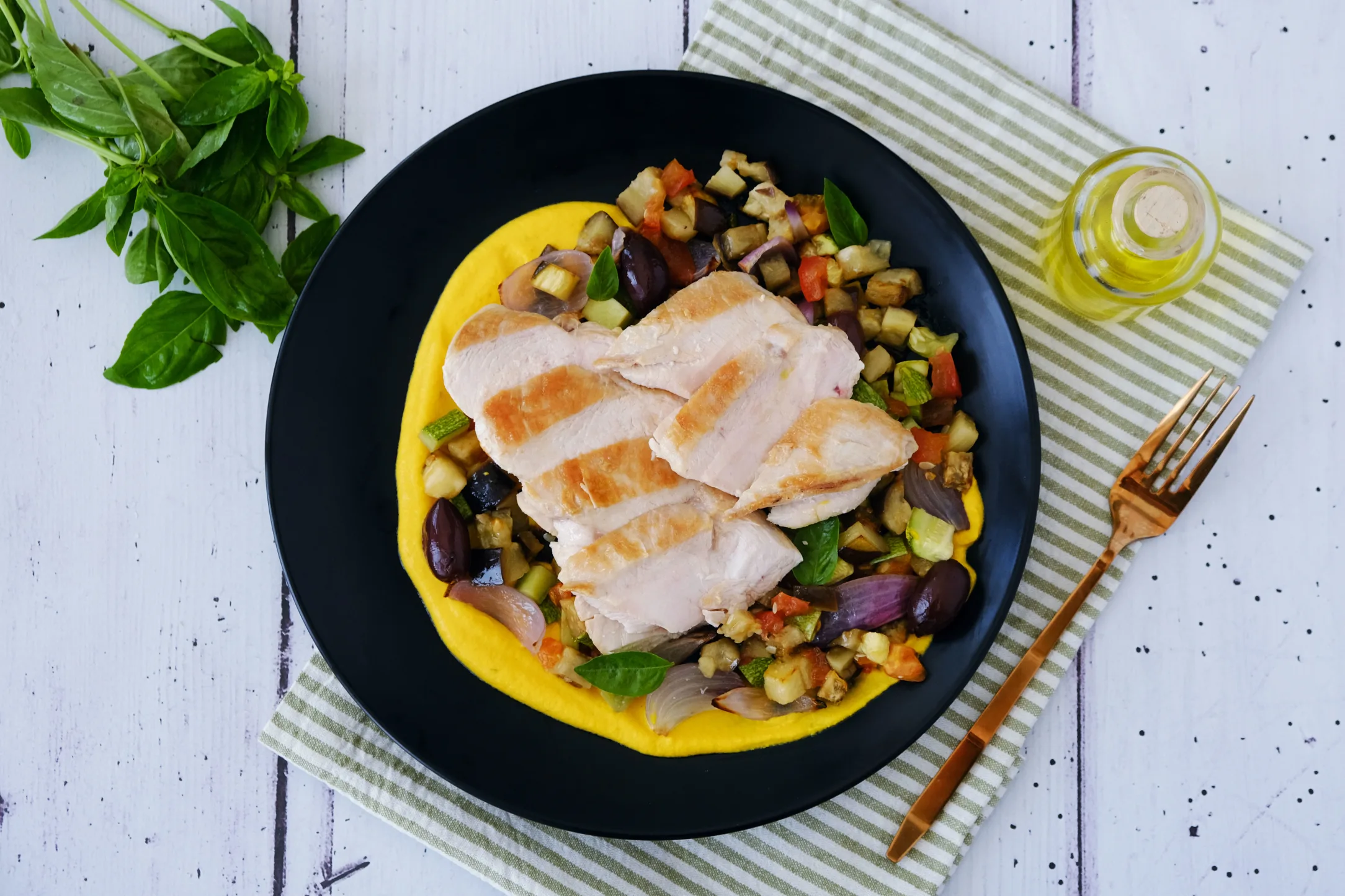 Chicken with Caponata and Rosemary Carrot Puree