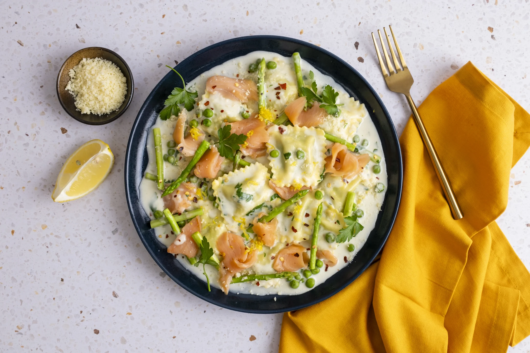 Smoked Salmon and Ricotta Spinach Ravioli with Green Veg and Lemon Cream Sauce