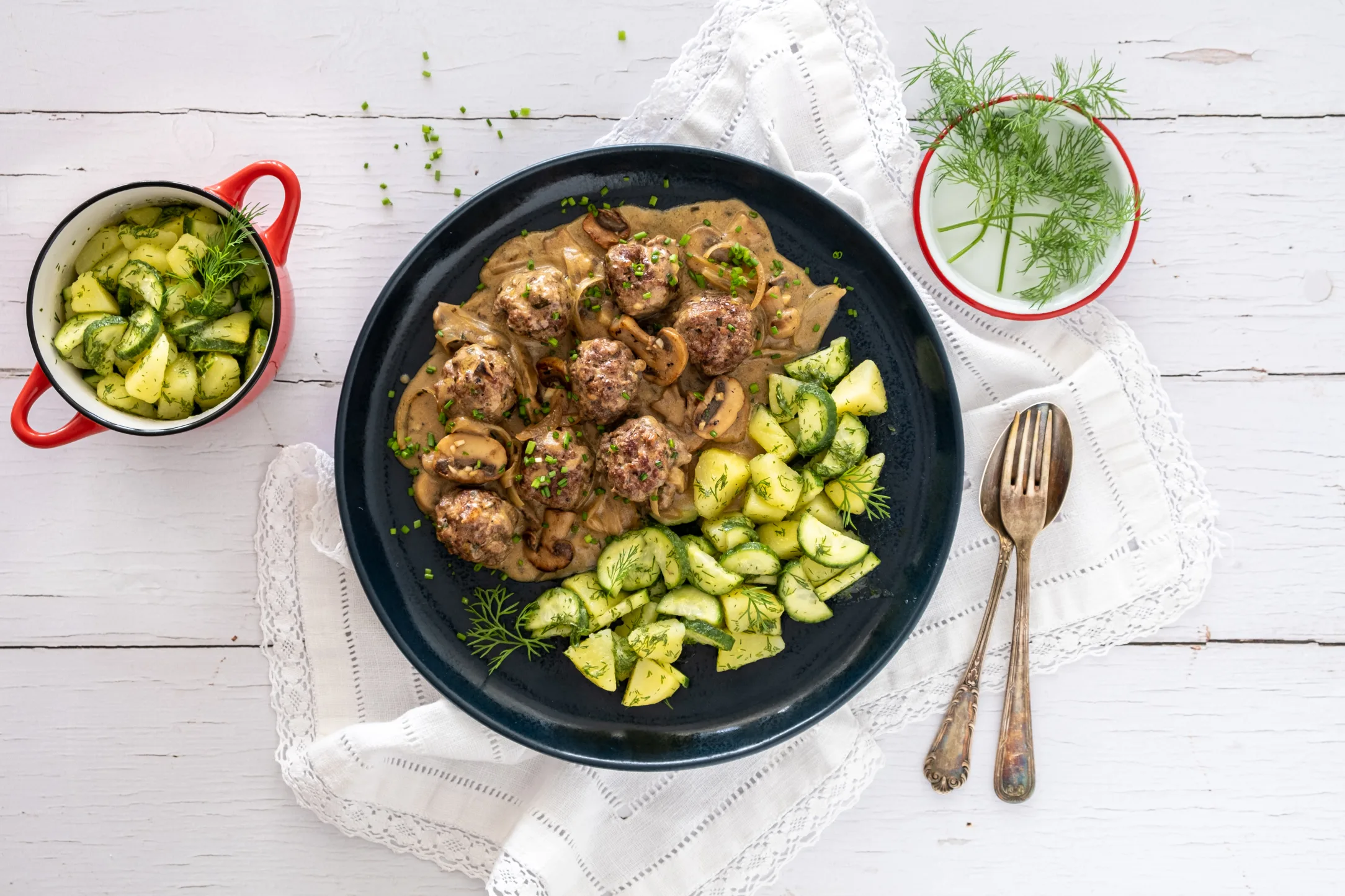 Beef Meatball and Mushroom Stroganoff with Dill Potato and Cucumber Salad