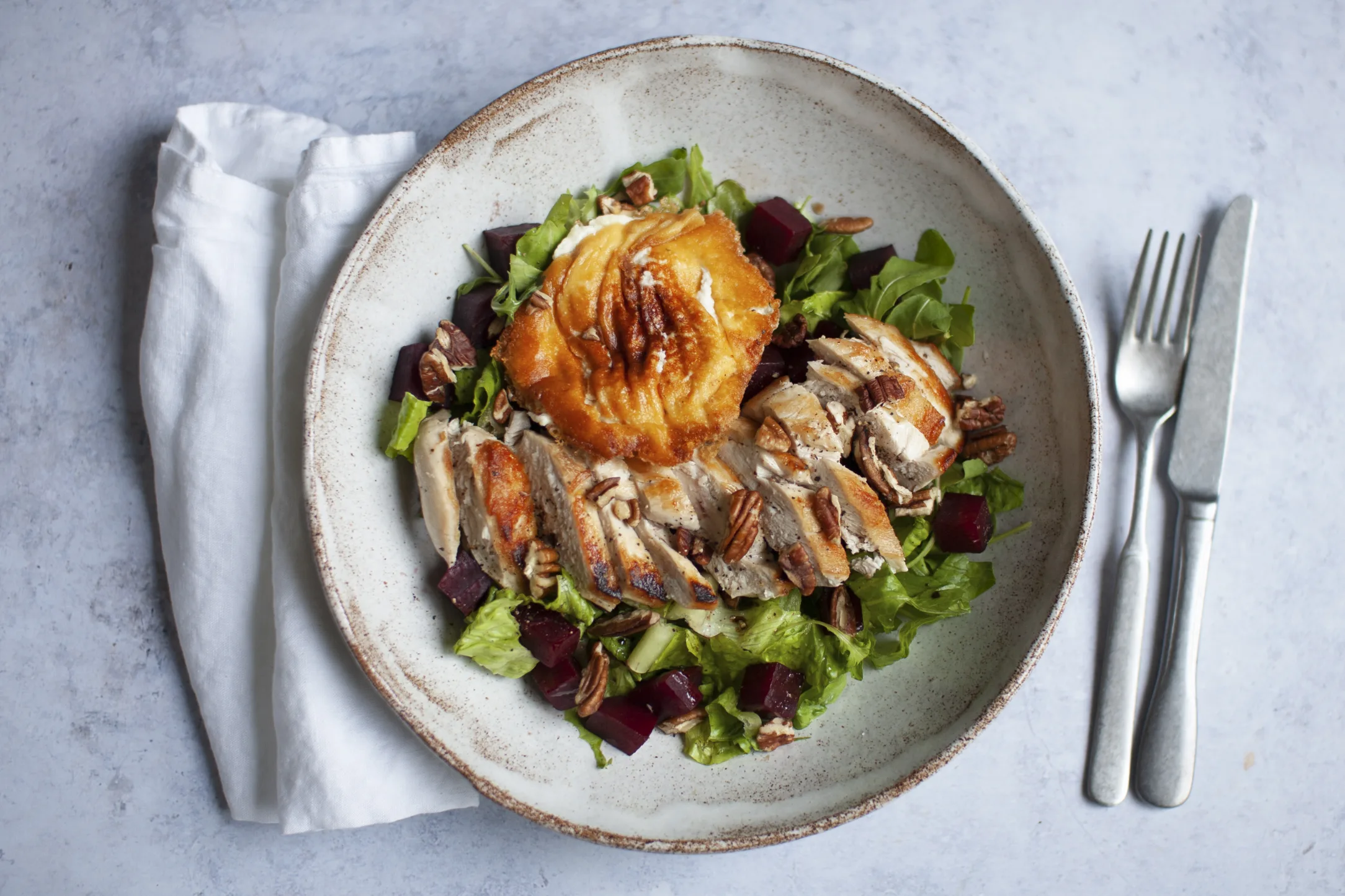 Maple Glazed Chicken Salad with Goat Cheese and Pecan Nuts