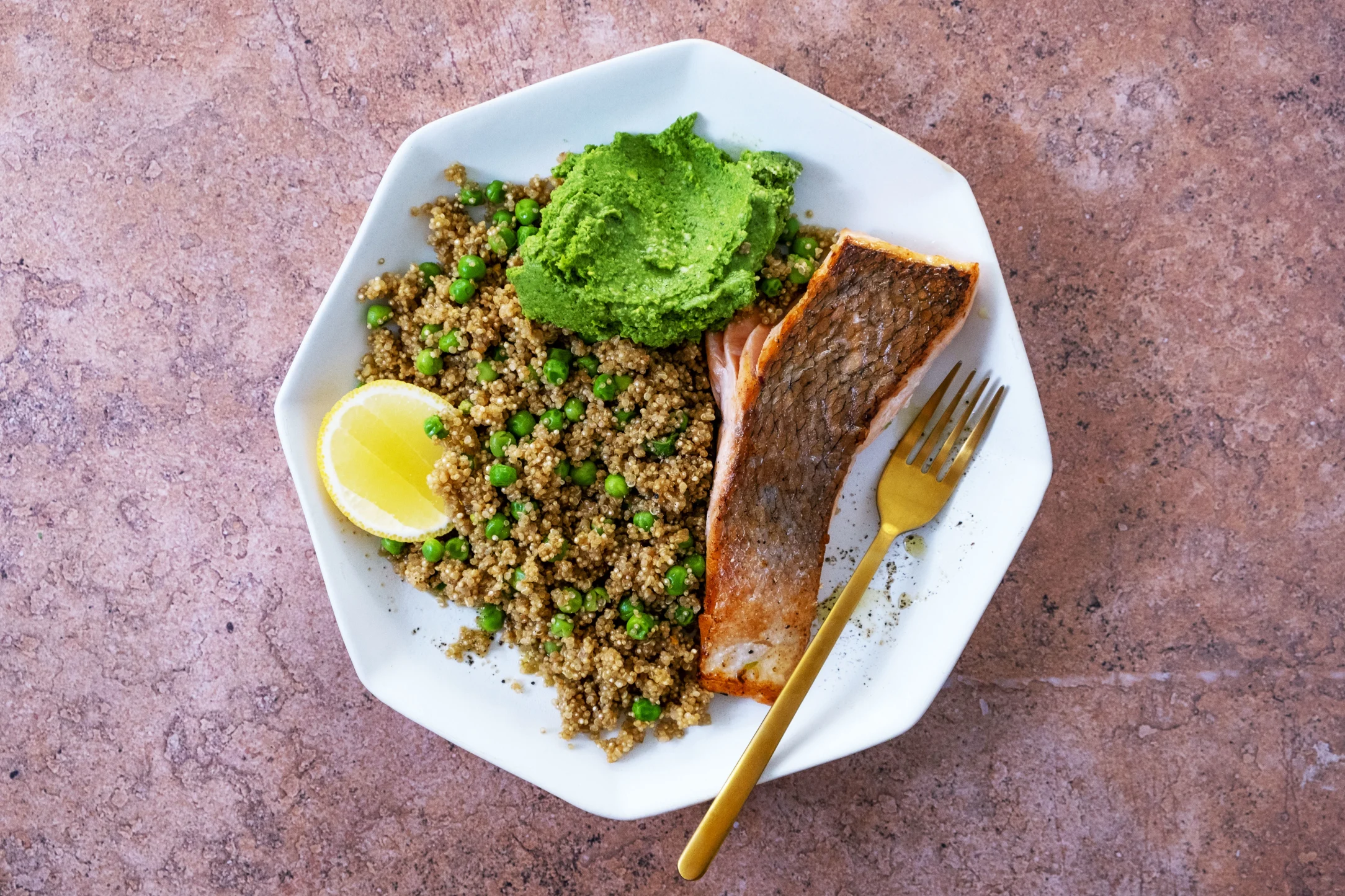 Pan Fried Salmon with Green Pea Quinoa and Basil Pesto