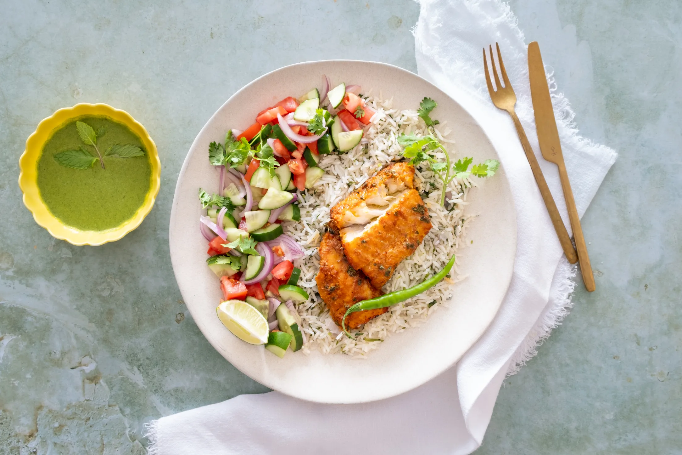 Tandoori Cod and Coriander Rice with Kachumber and Mint Chutney