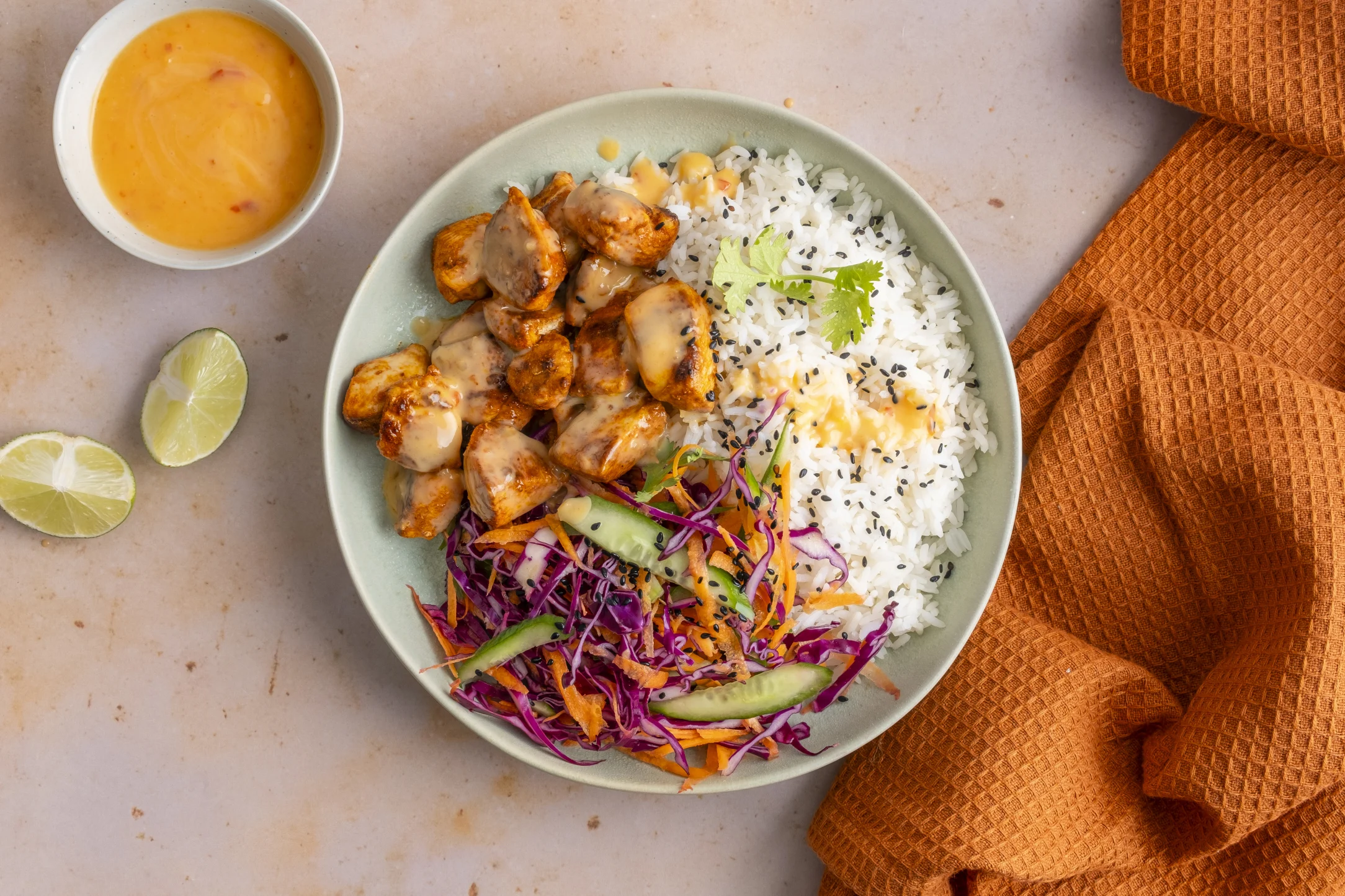 Bang Bang Chicken Bowl with Rice and Crunchy Slaw