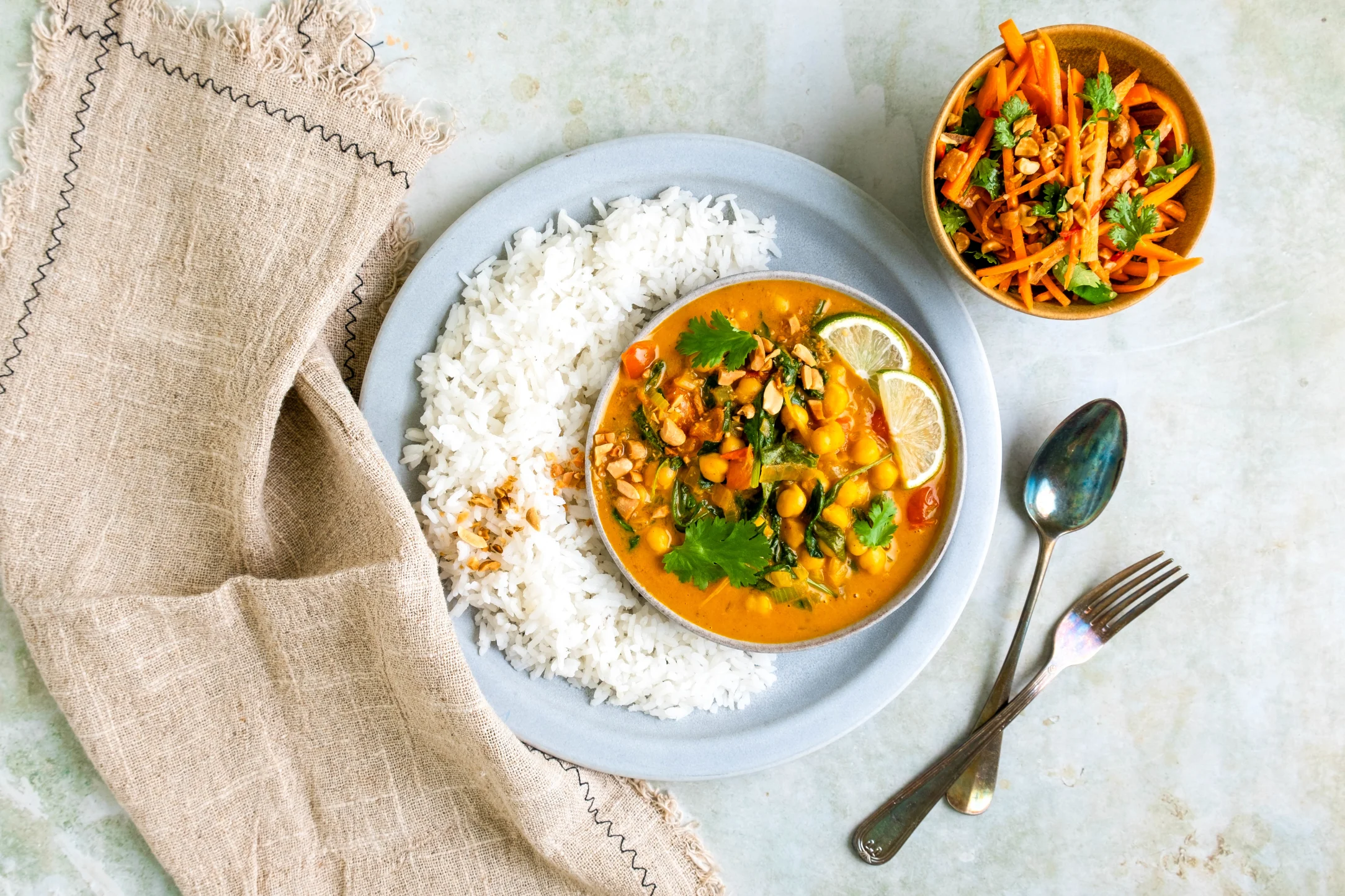 Thai Coconut Chickpea Curry and Jasmine Rice with Carrot, Coriander and Peanut Salad