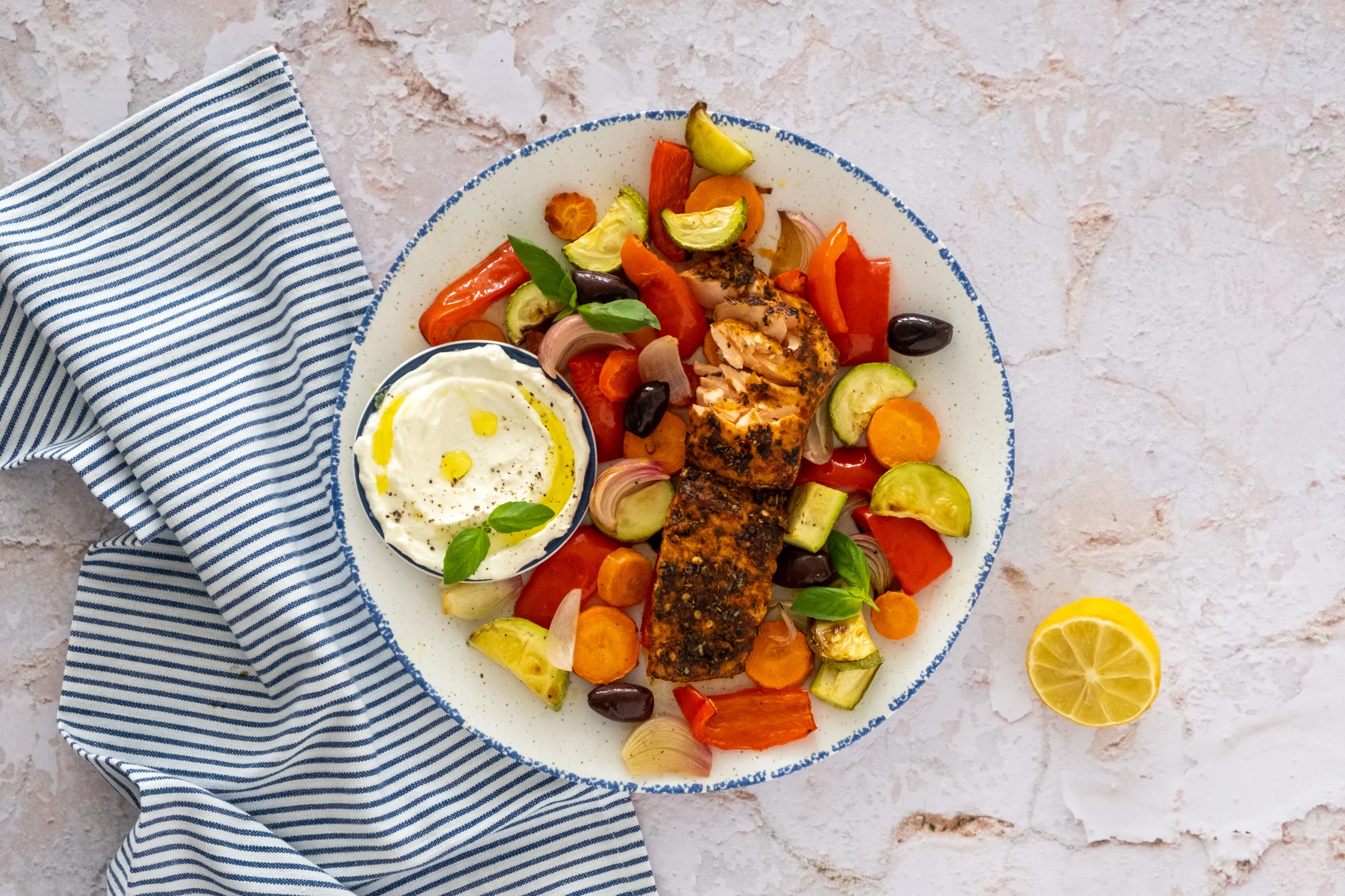Greek Salmon with Roasted Vegetables and Lemon Feta
