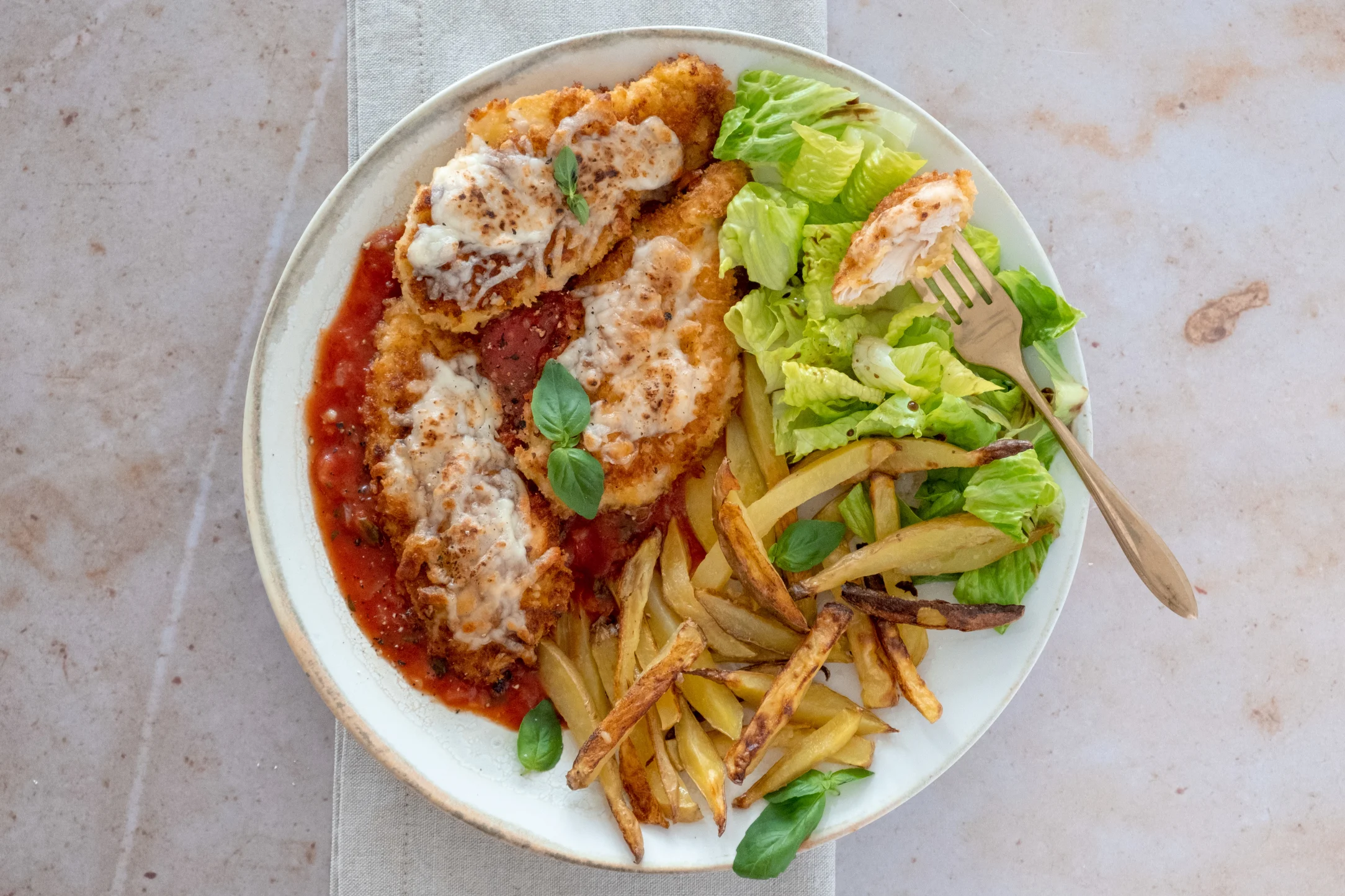 Aussie Chicken Parma with Chips and Salad