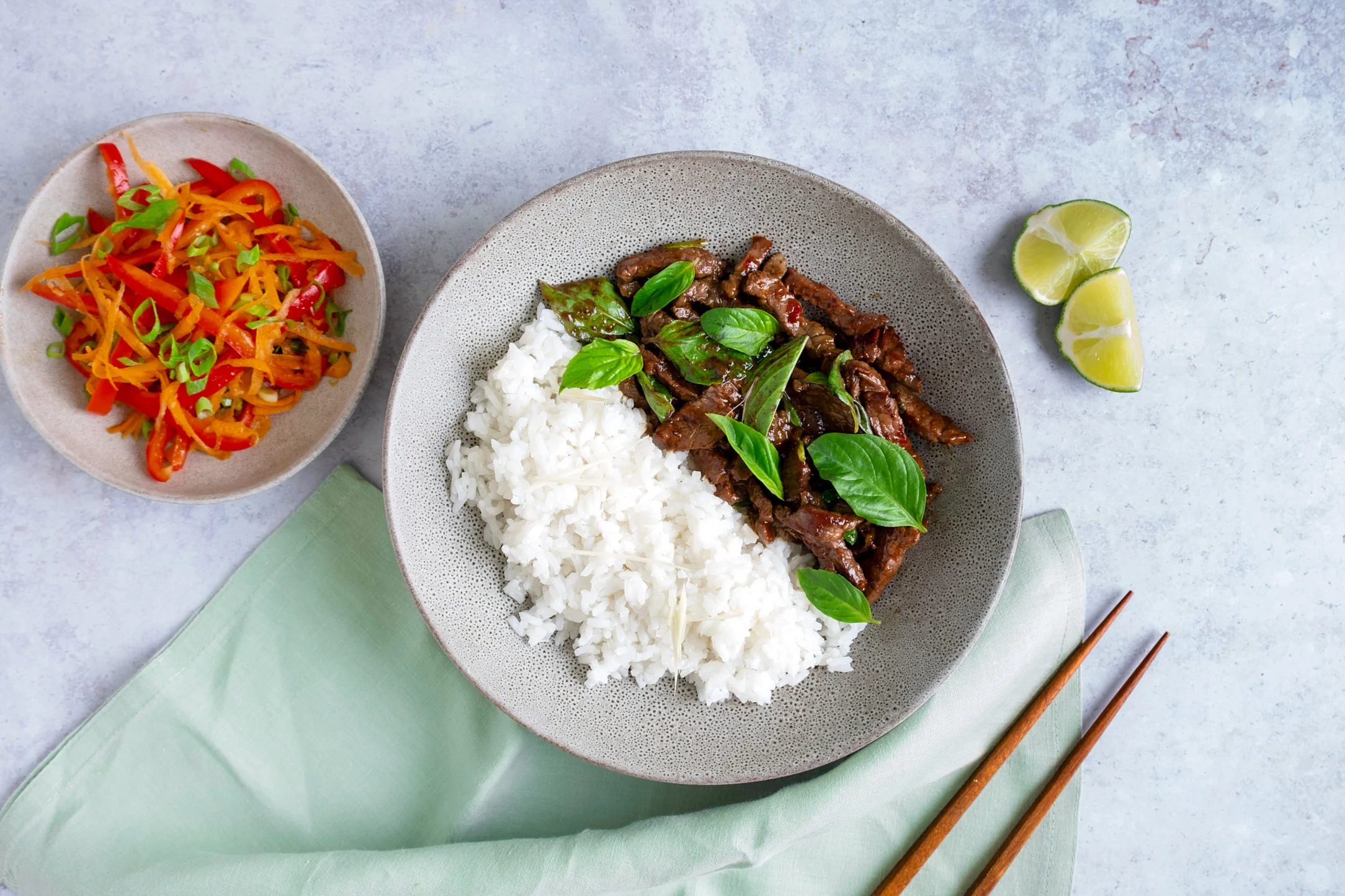Thai Basil Beef with Lemongrass Rice and Carrot and Pepper Salad