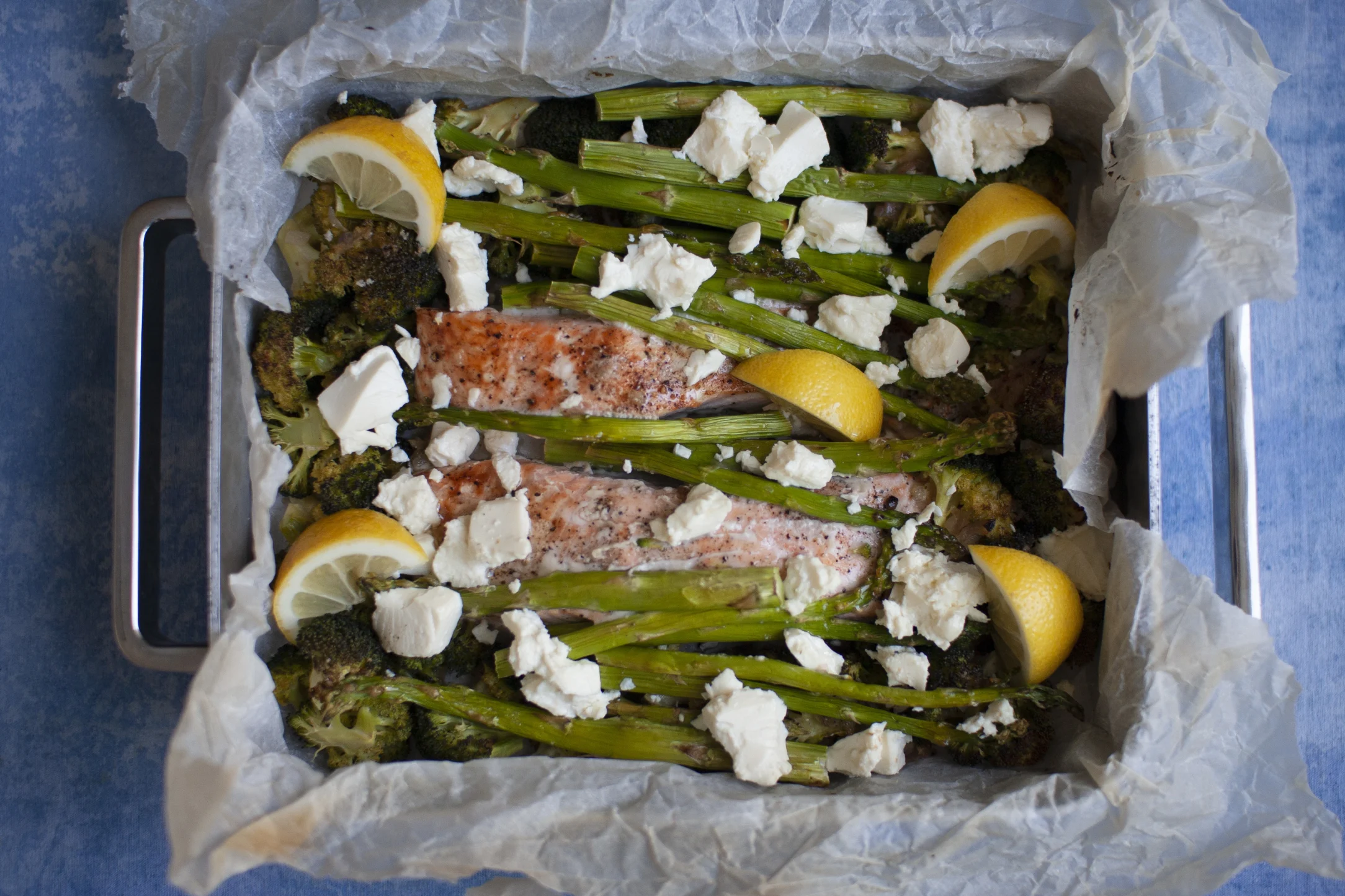 One Pan Salmon and Asparagus Bake with Feta Cheese