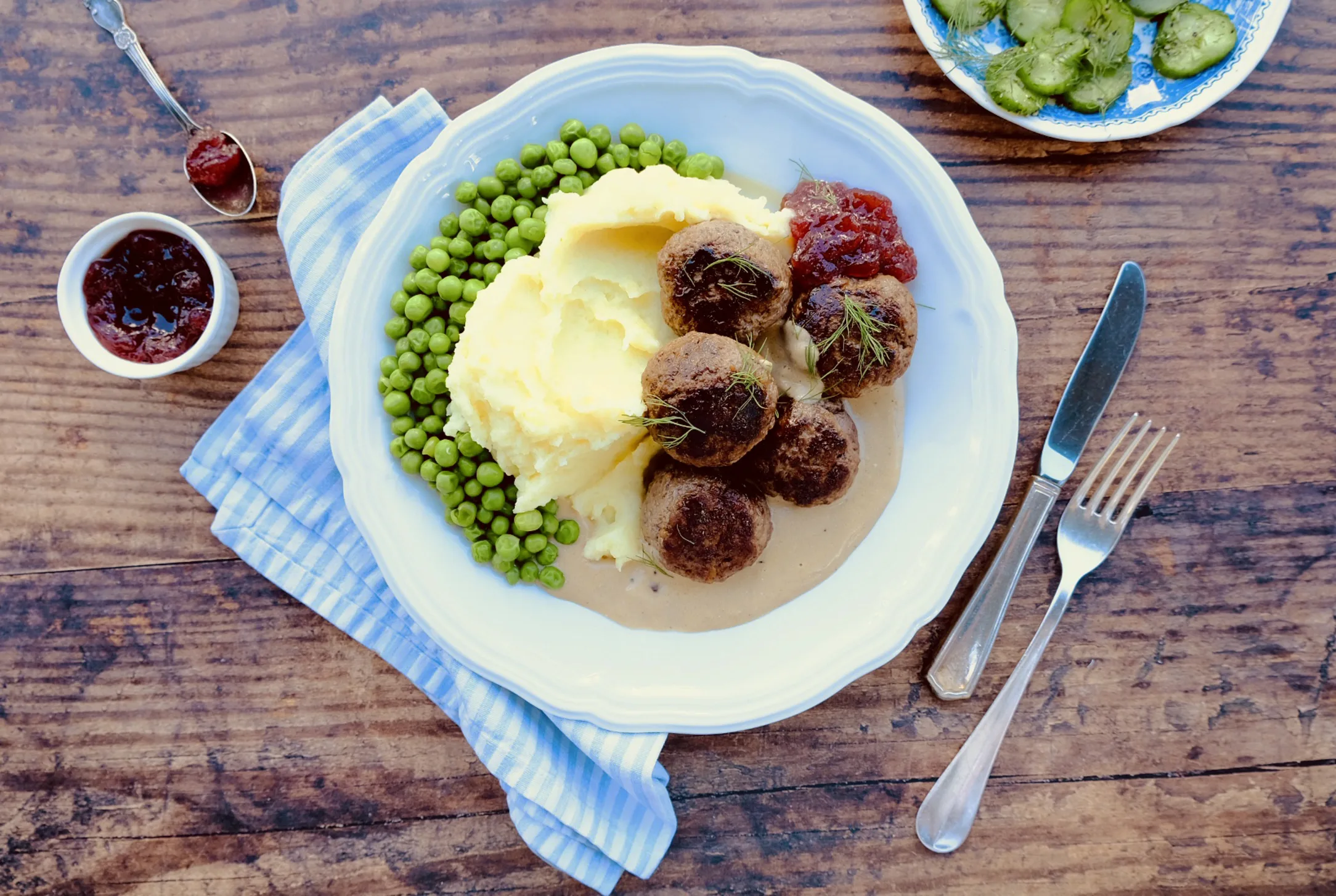 Swedish Meatballs with Peas, Mash and Pickled Cucumber