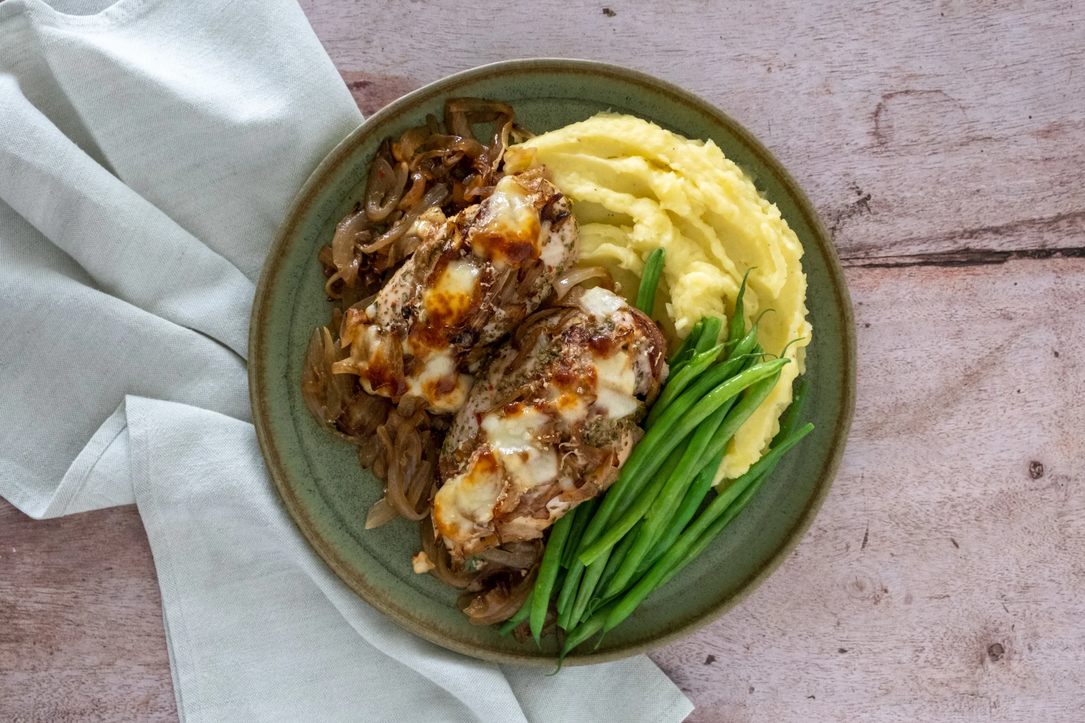 French Onion Chicken Bake with Mashed Potato and Green Beans