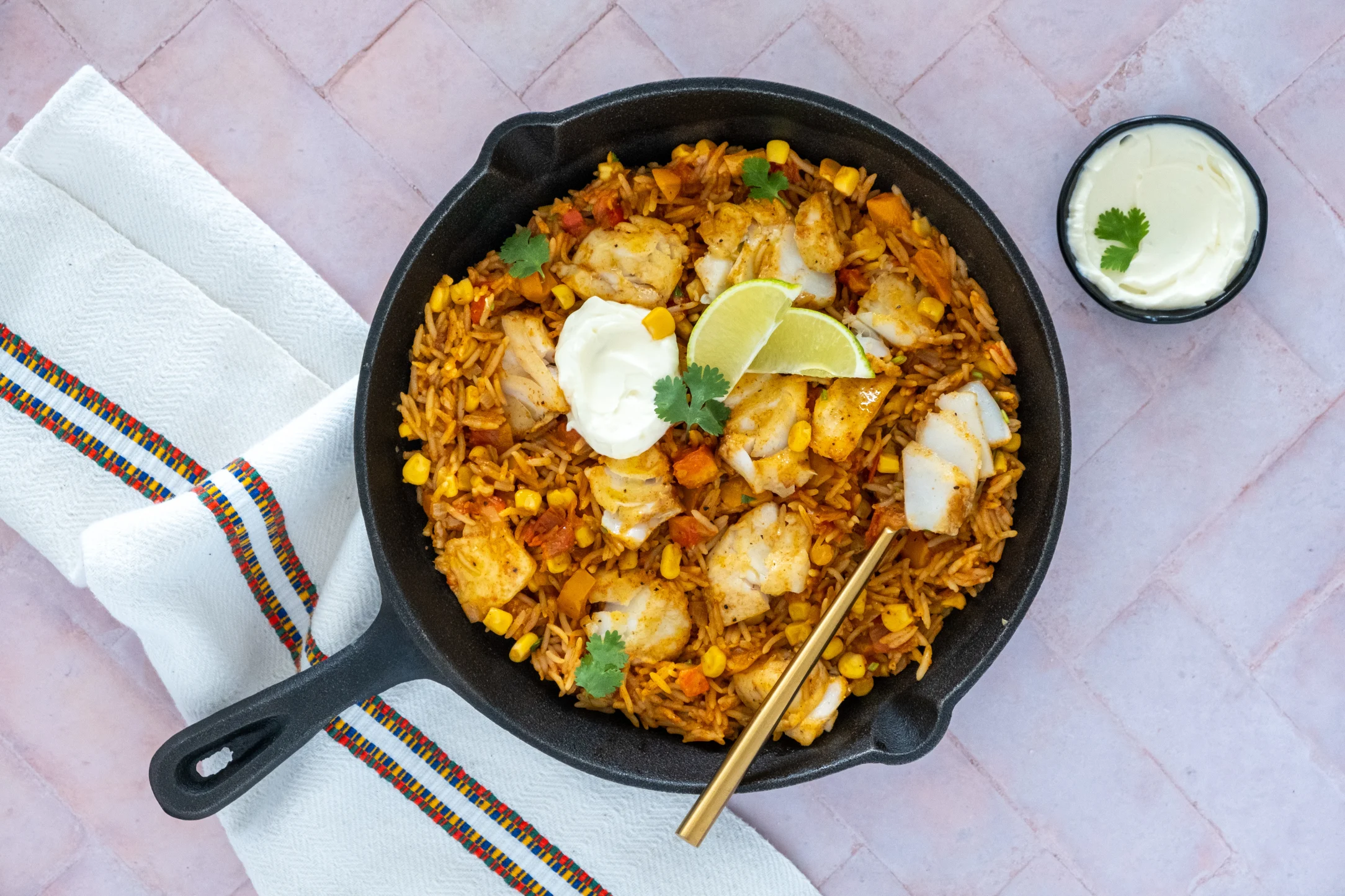 One Pan Cajun Cod and Mexican Rice with Sour Cream
