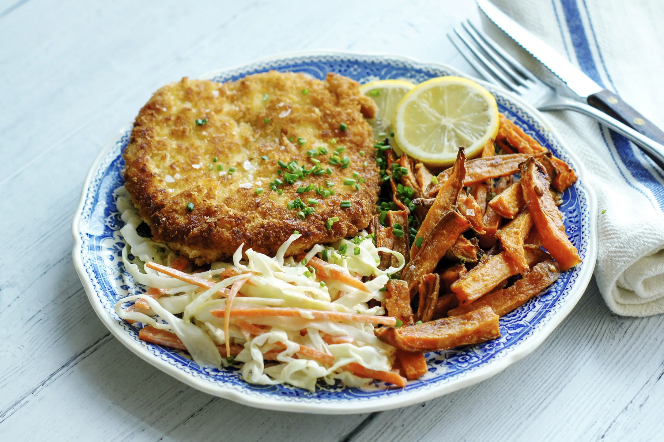 Parmesan Chicken and Coleslaw with Sweet Potato Wedges