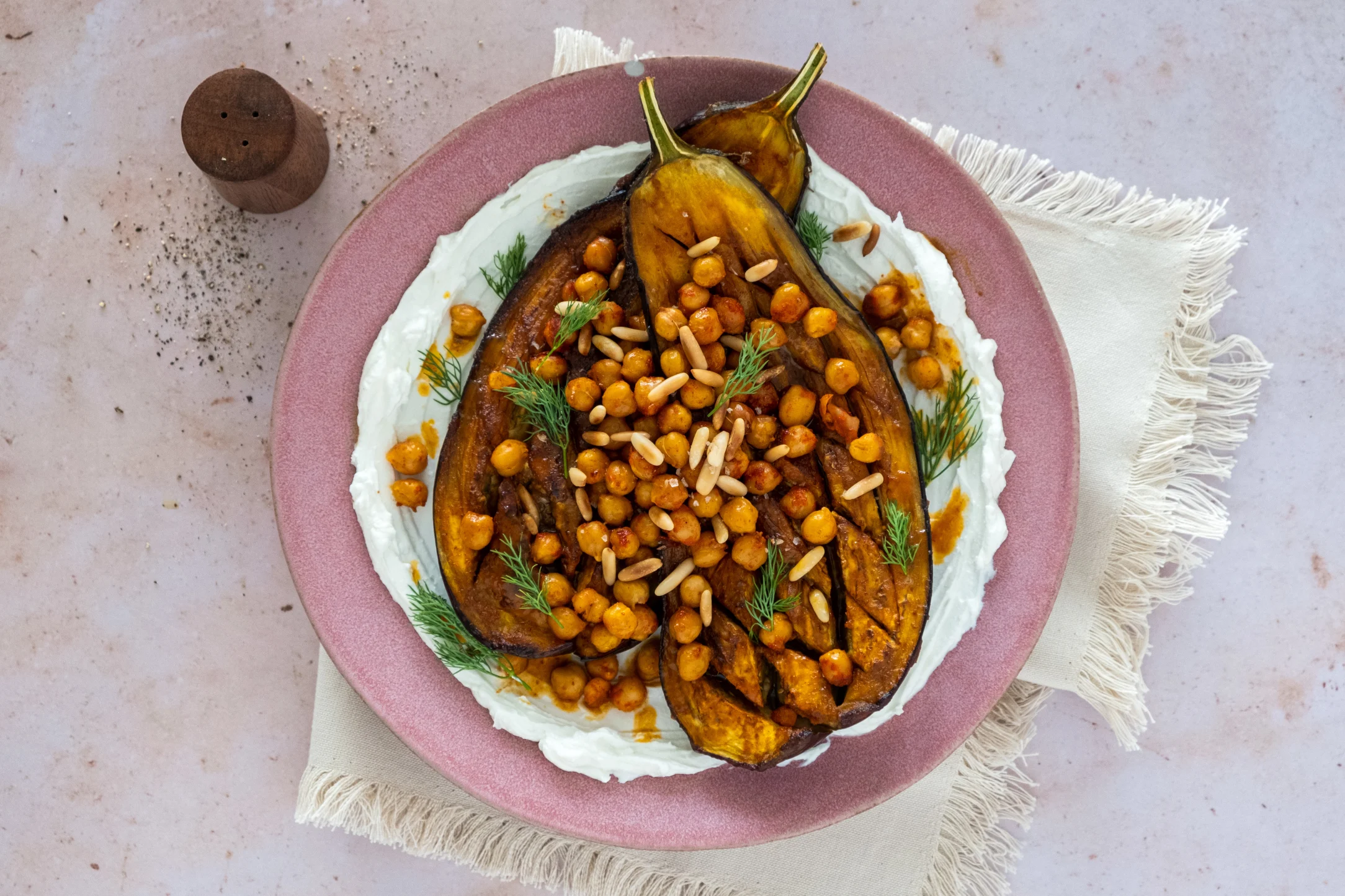 Harissa Eggplants with Crispy Chickpeas and Whipped Feta