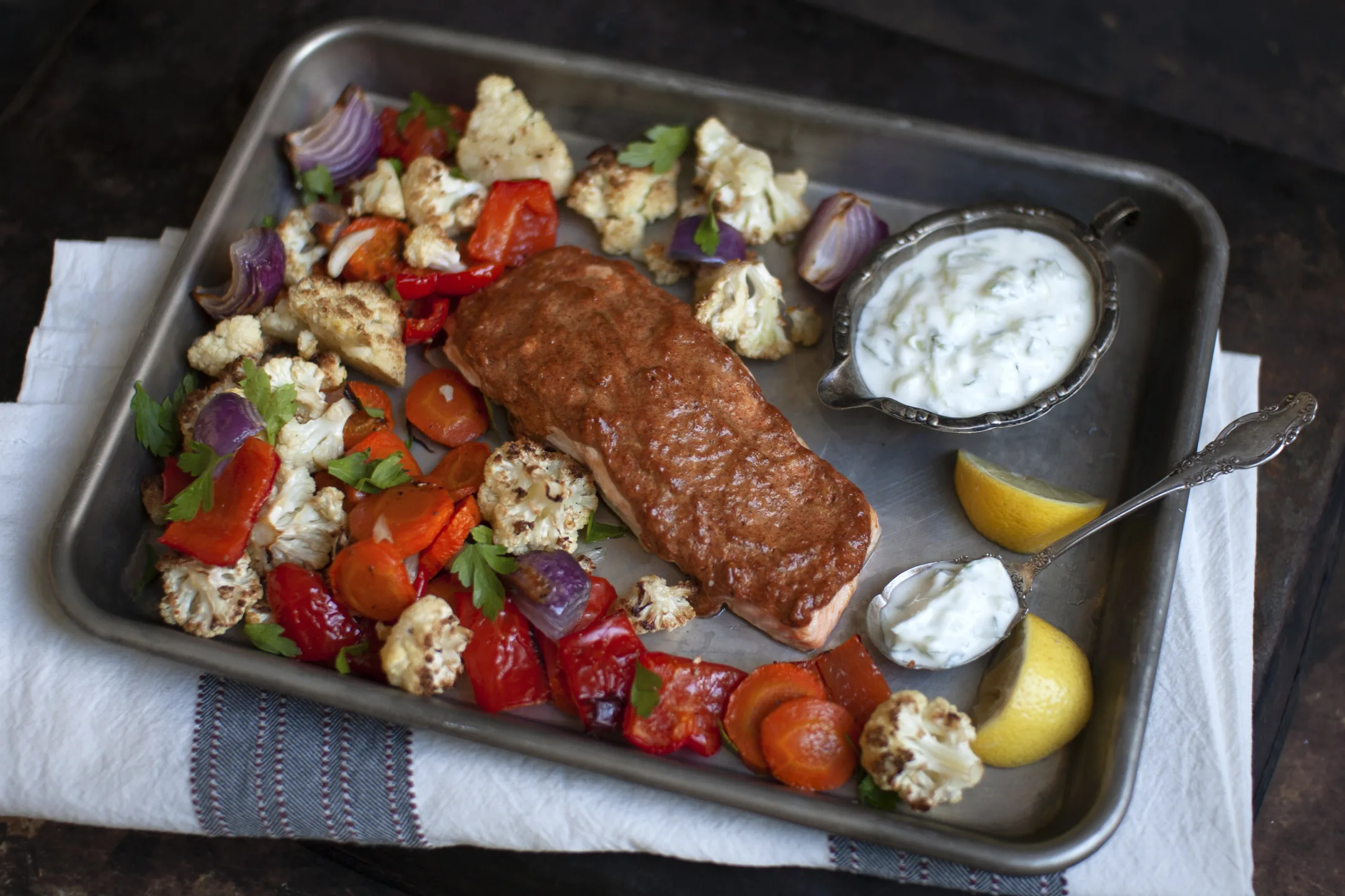 Tandoori Spiced Salmon with Vegetables and Cucumber Raita