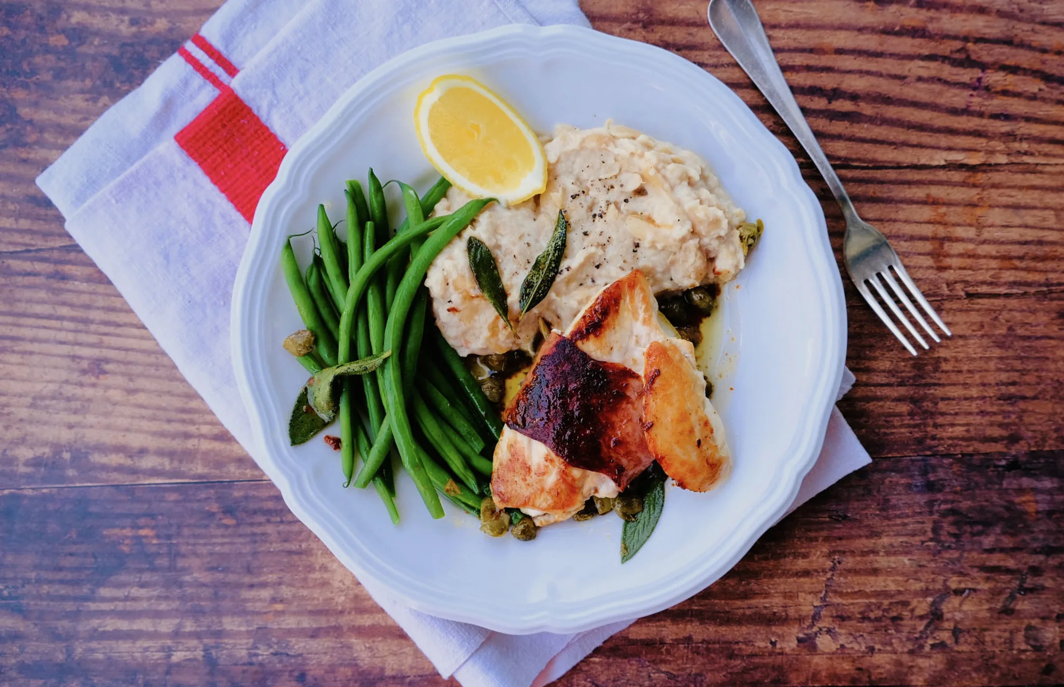 Chicken Saltimbocca with Butter Bean Mash and Green Beans