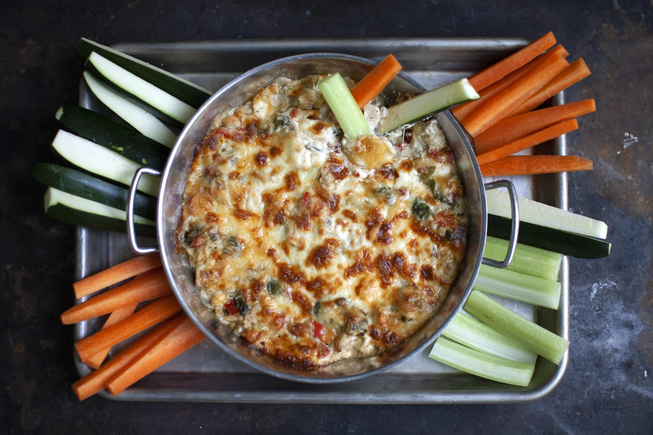 Hot and Cheesy Artichoke and Spinach Dip with Fresh Vegetables