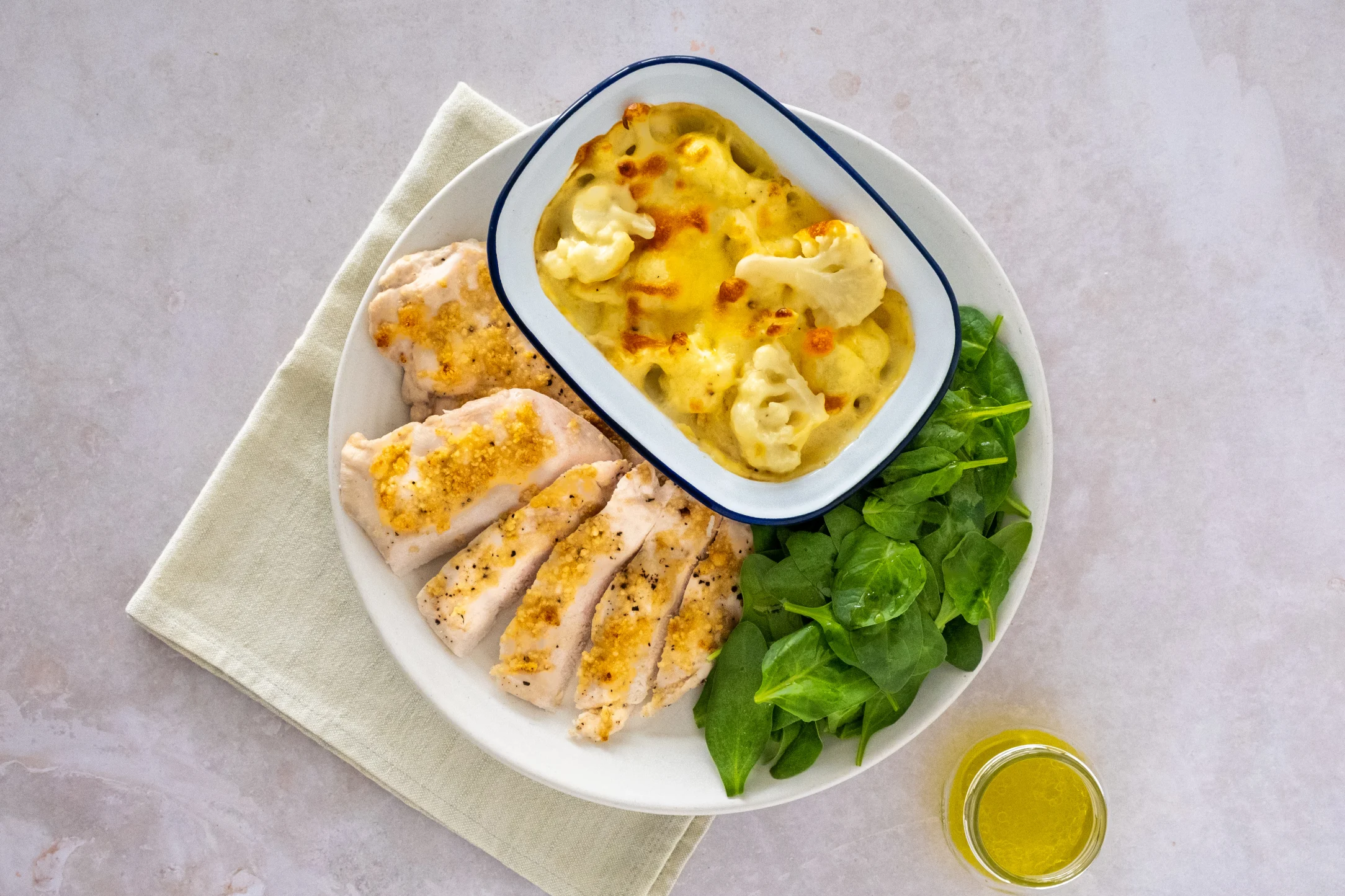 Parmesan Chicken with Classic Cauliflower Cheese and Salad