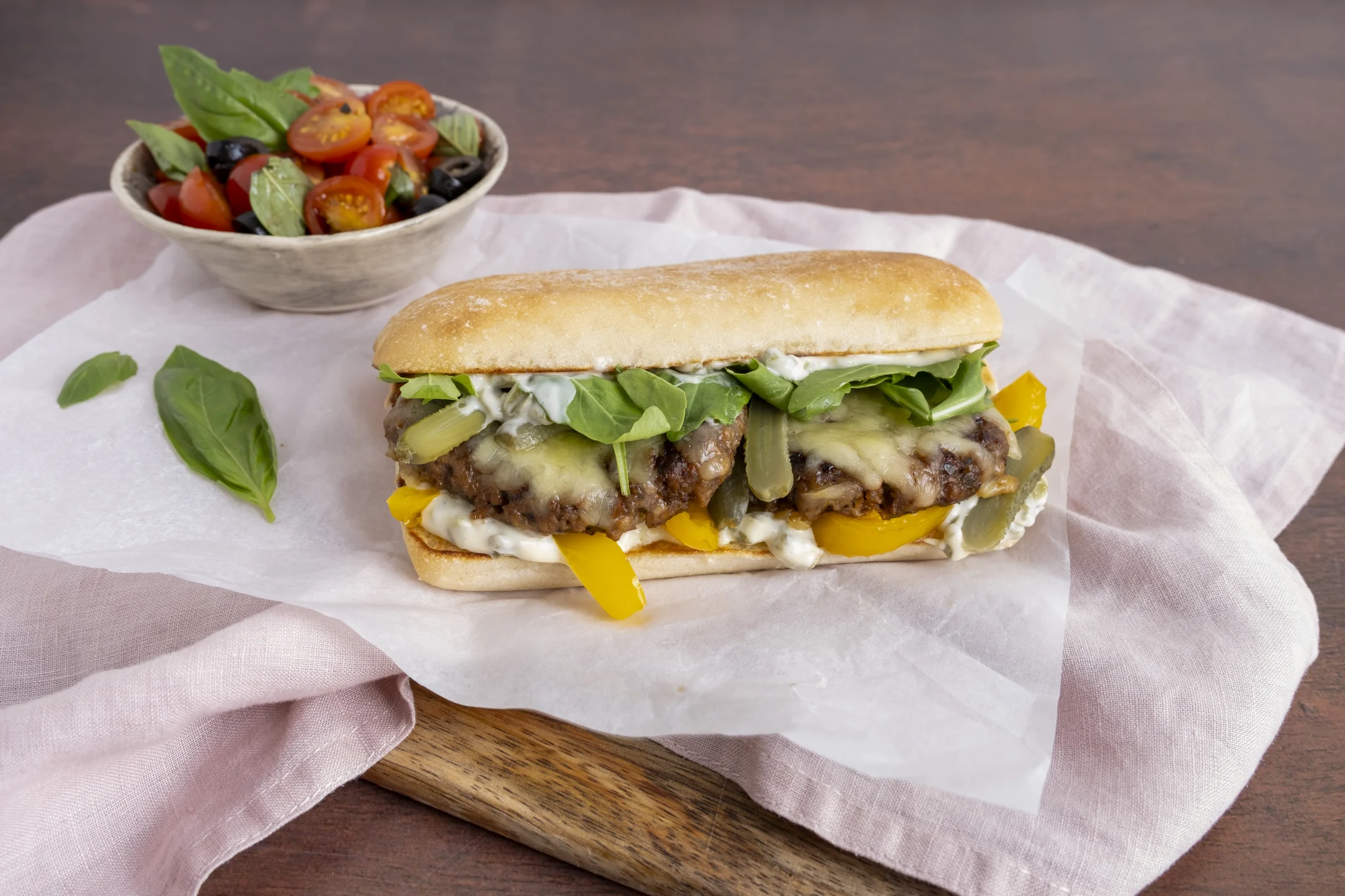 Beyond "Sausage" Sandwich with Tomato and Basil Salad