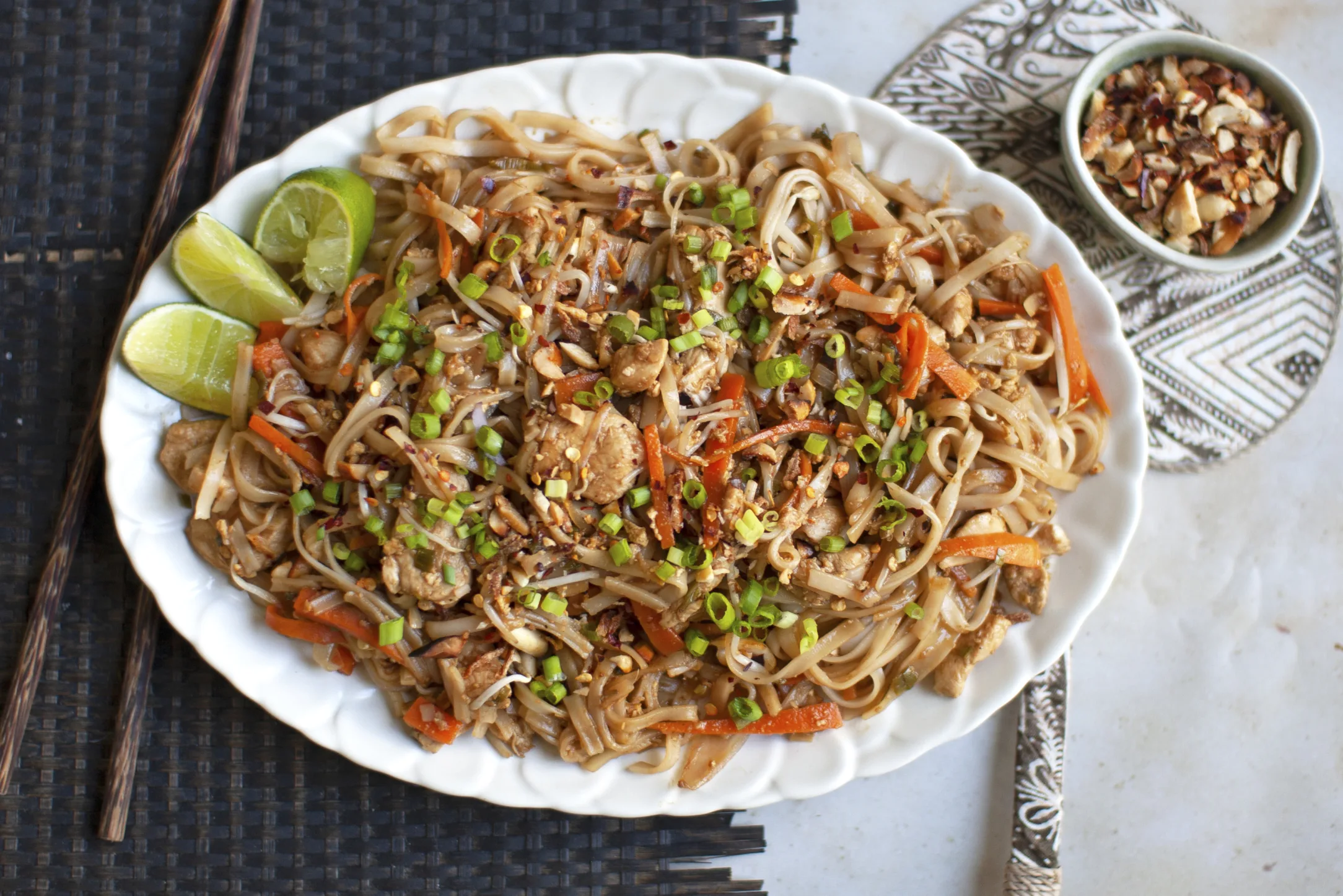 Chicken Pad Thai Noodle Stir Fry with Peanut Crumble