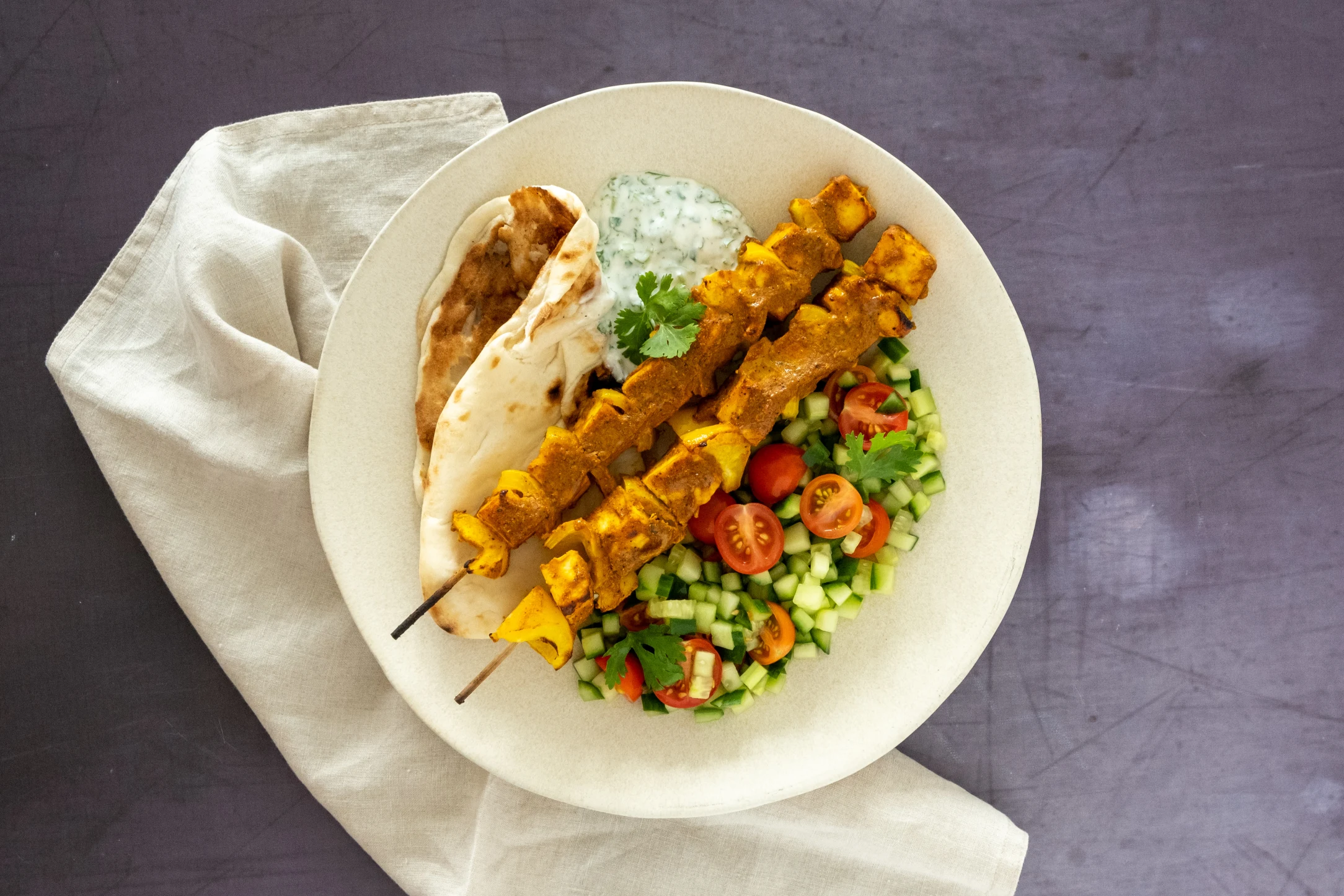 Tandoori Paneer Skewers with Naan and Kachumber Salad