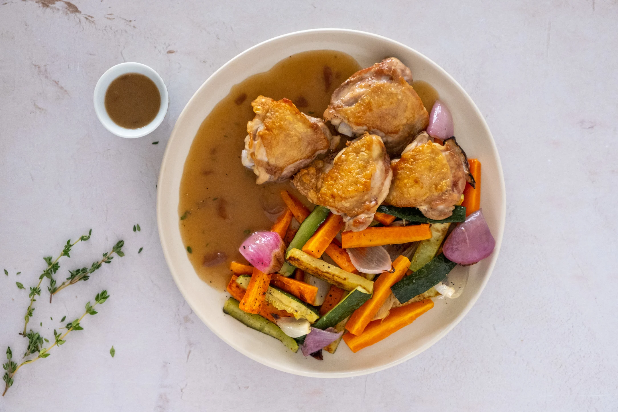 Roast Chicken Thighs with Vegetables and Thyme Gravy