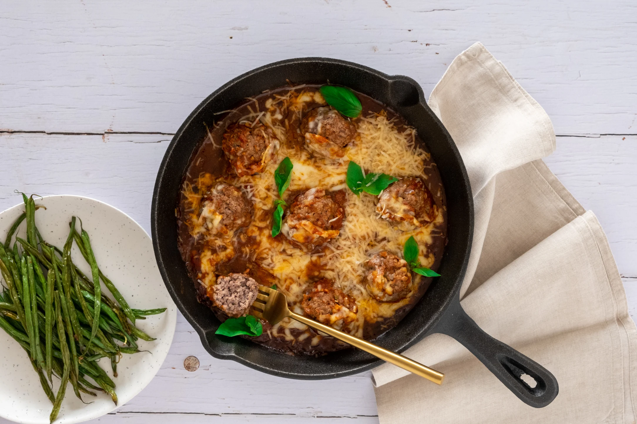 Cheesy Meatball Bake with Crispy Baked Green Beans