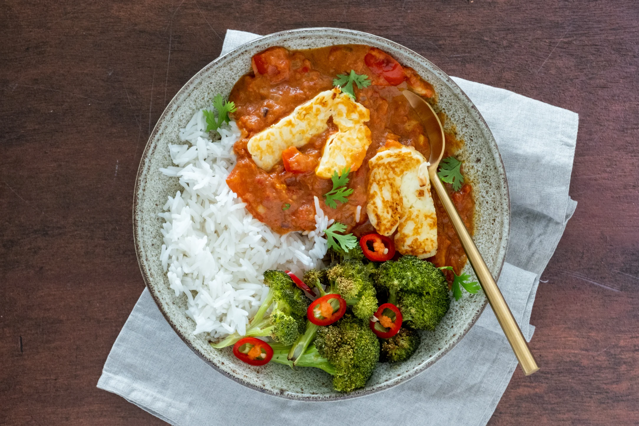 Halloumi Curry with Basmati Rice and Roasted Broccoli