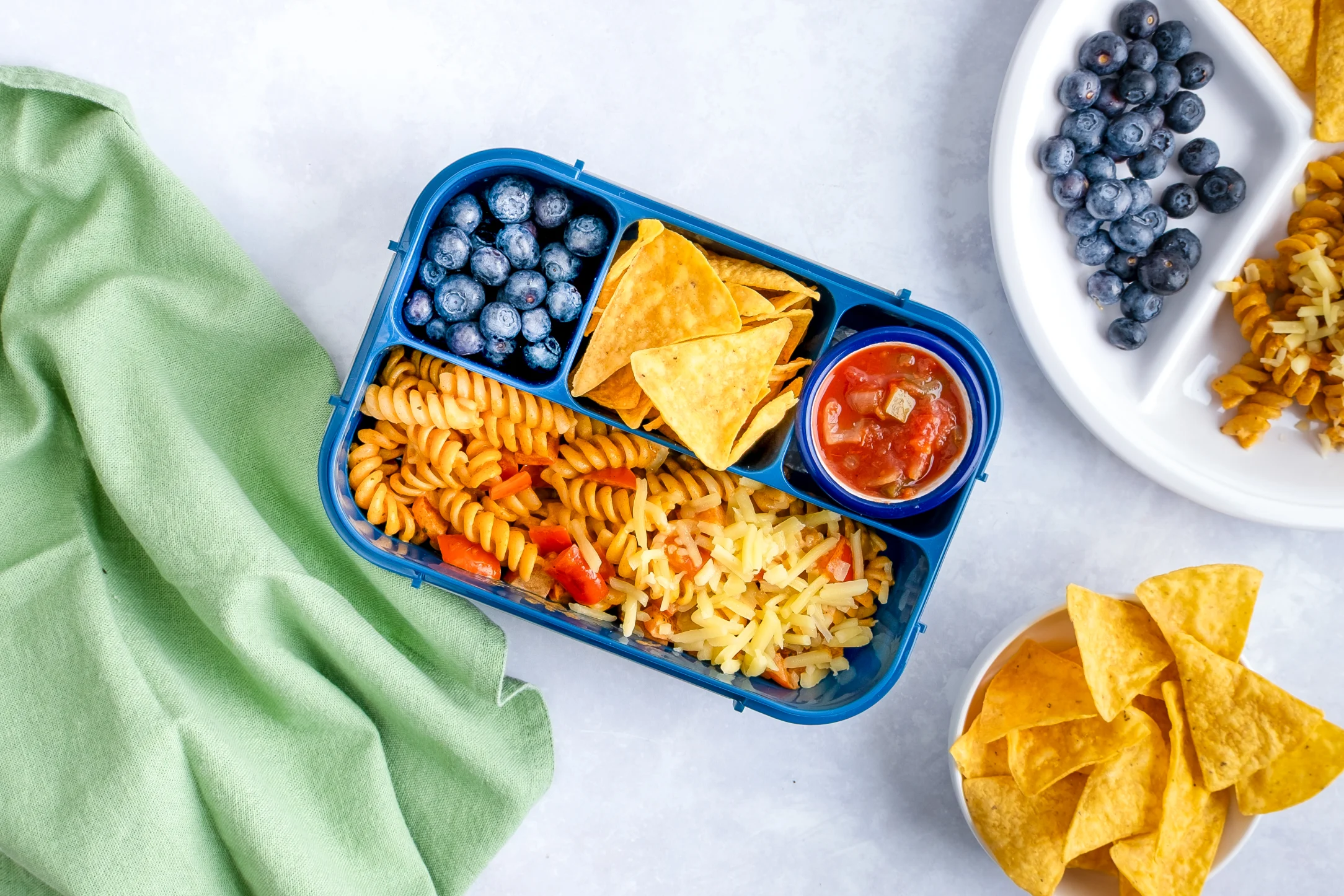 Fajita Pasta with Corn Chips, Salsa and Blueberries