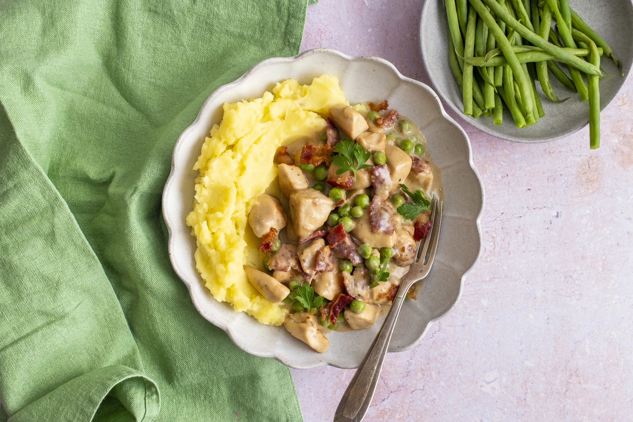 Chicken and Beef Bacon Stew with Mash and Green Beans