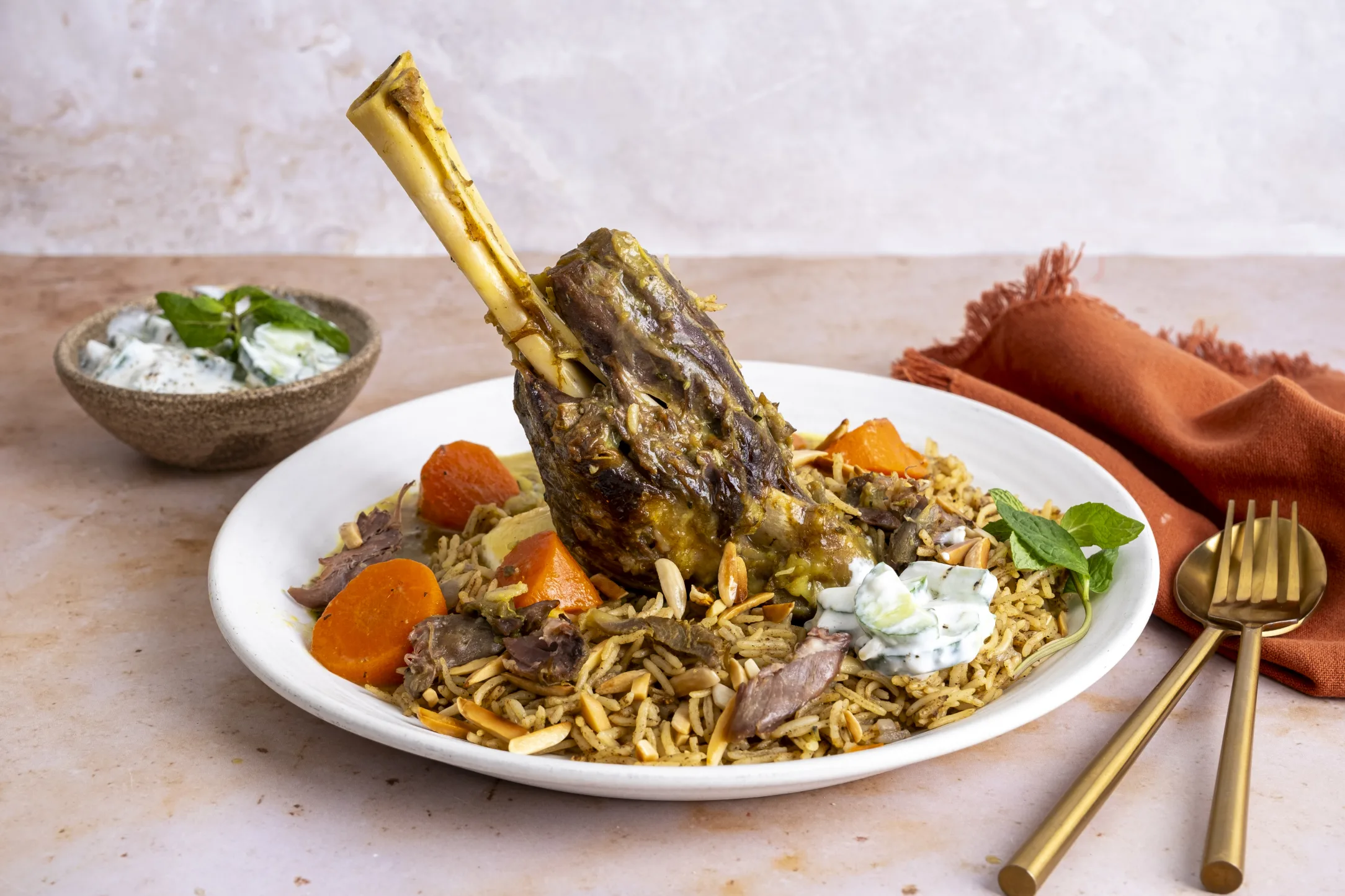 Middle-Eastern Braised Lamb Shanks with Rice Pilaf and Cucumber Mint Yogurt