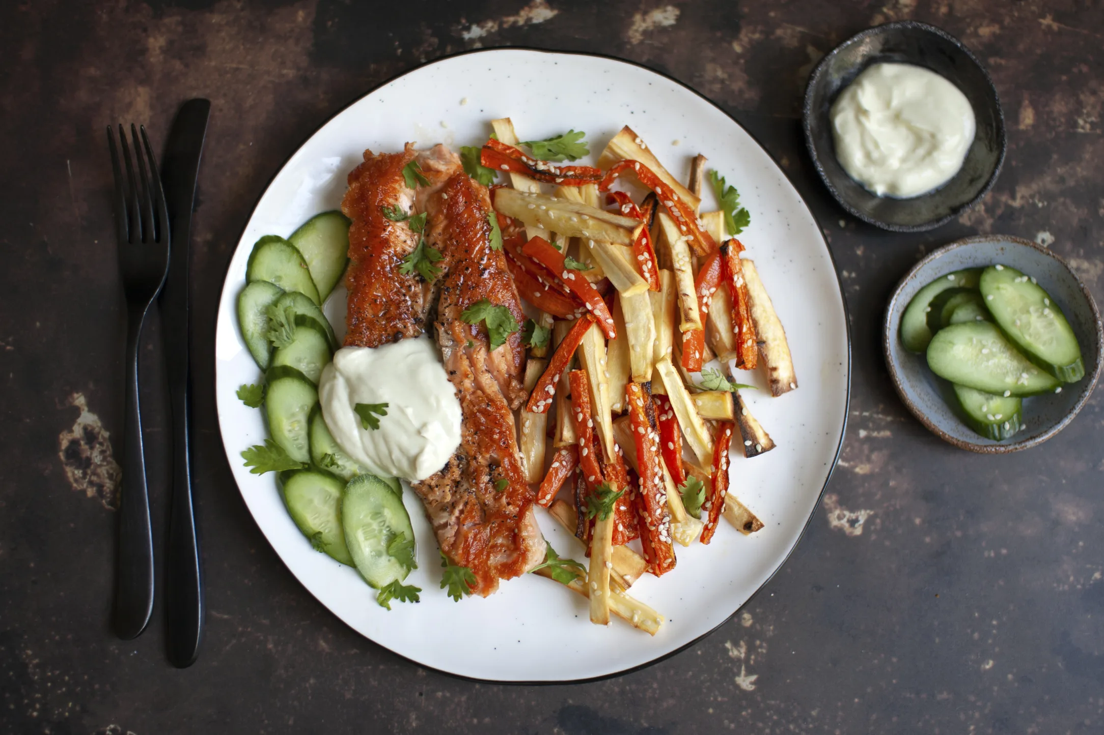 Crispy Salmon with Wasabi Cream and Sesame Vegetables