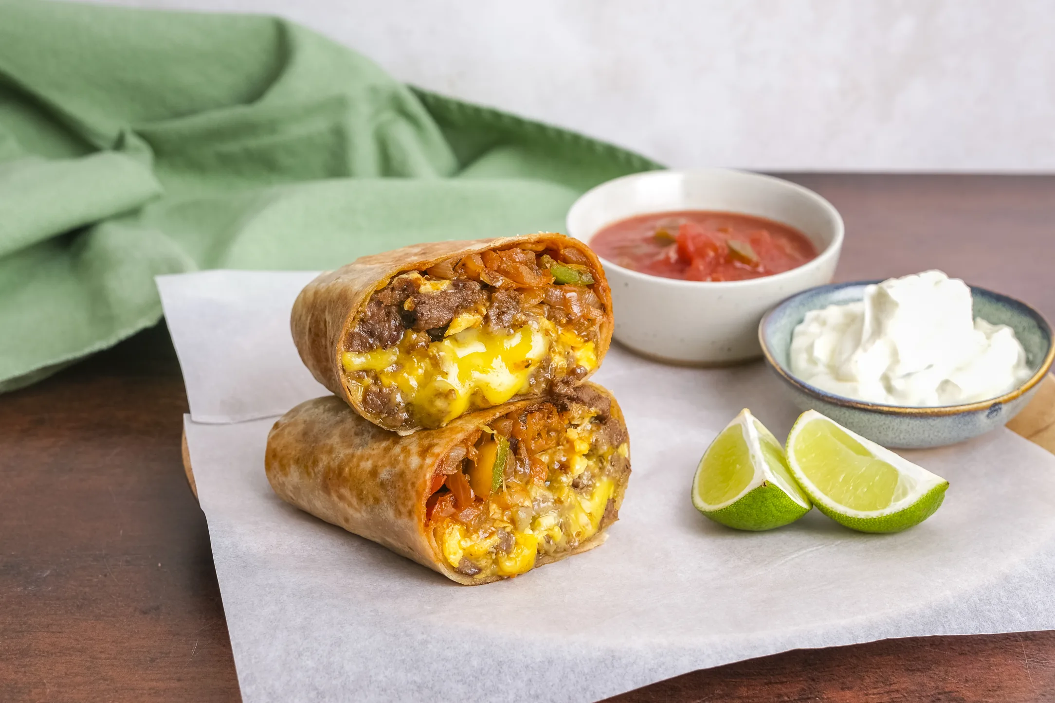 Sausage, Egg & Cheese Breakfast Burritos with Salsa and Lime Crema