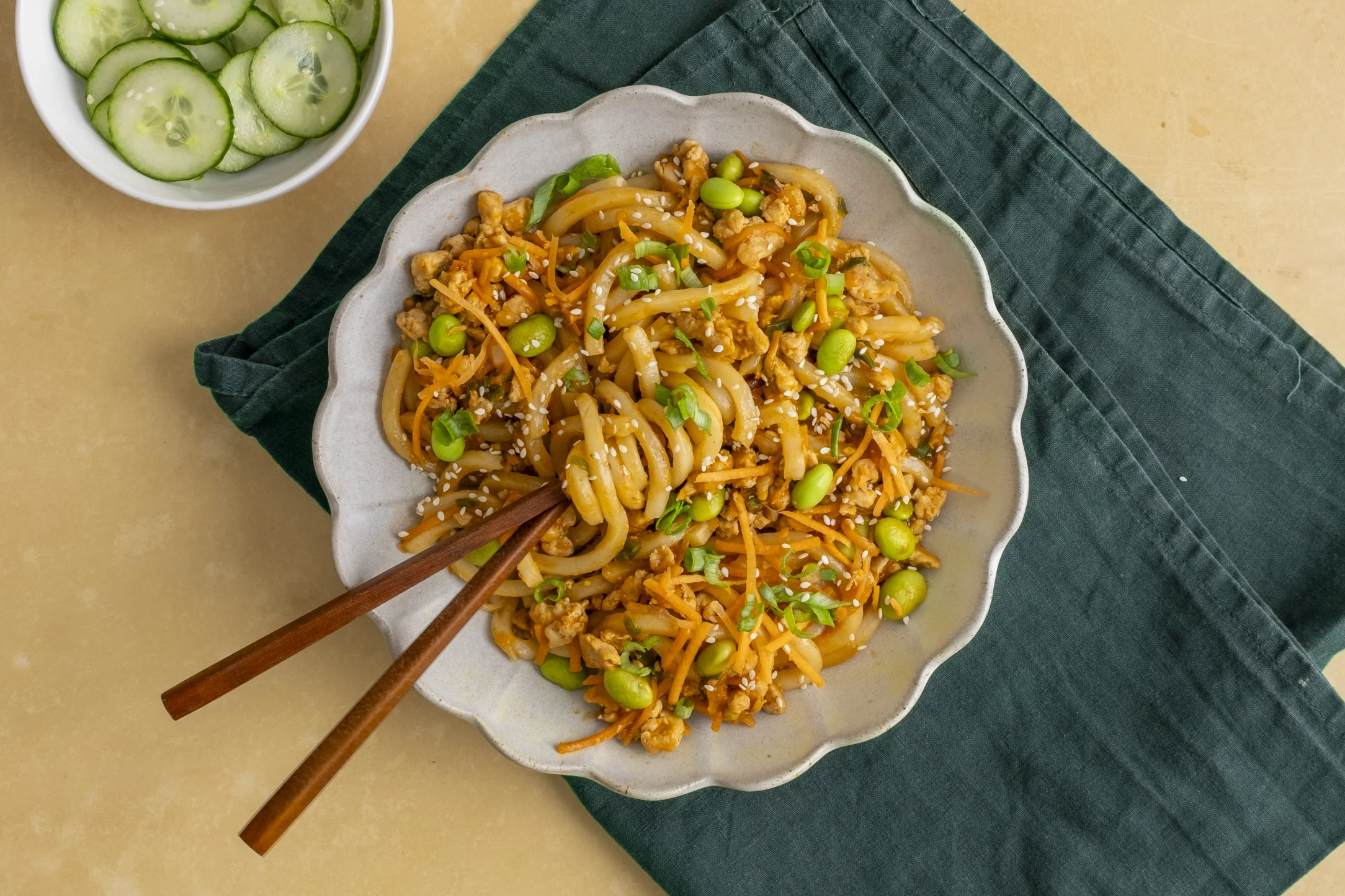 Express: Spicy Gochujang Chicken Udon Noodles with Asian Cucumber Salad