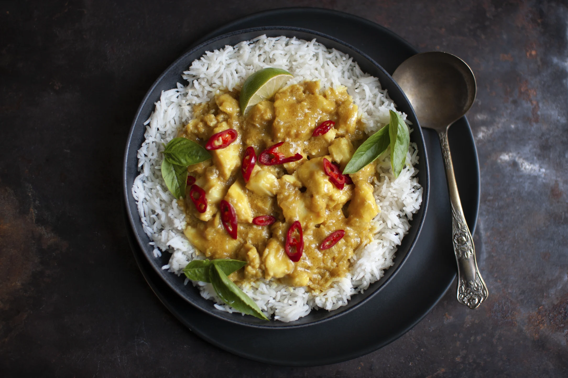 Cambodian Turmeric and Cod Curry with Rice and Baby Sweetcorn