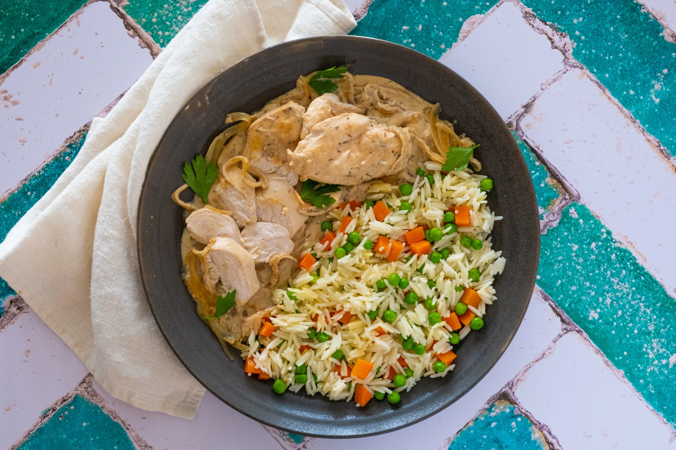 Chicken with Creamy Caramelised Onion Sauce and Rice Pilaf