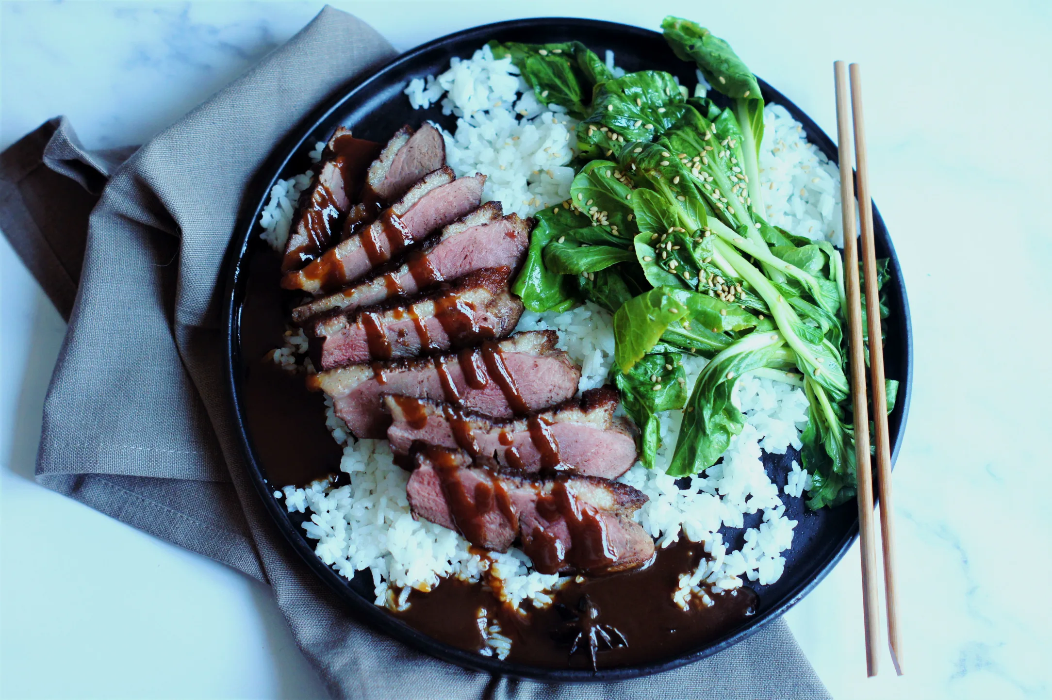 Sticky Duck Breast with Garlic Pak Choi