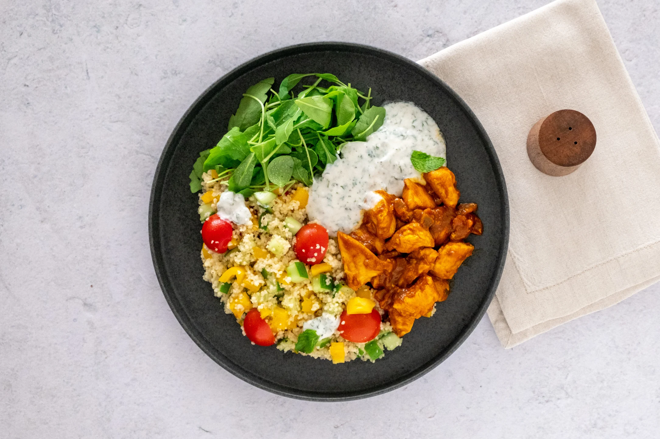 Harissa Chicken with Couscous Salad and Lemon and Mint Yogurt Dressing