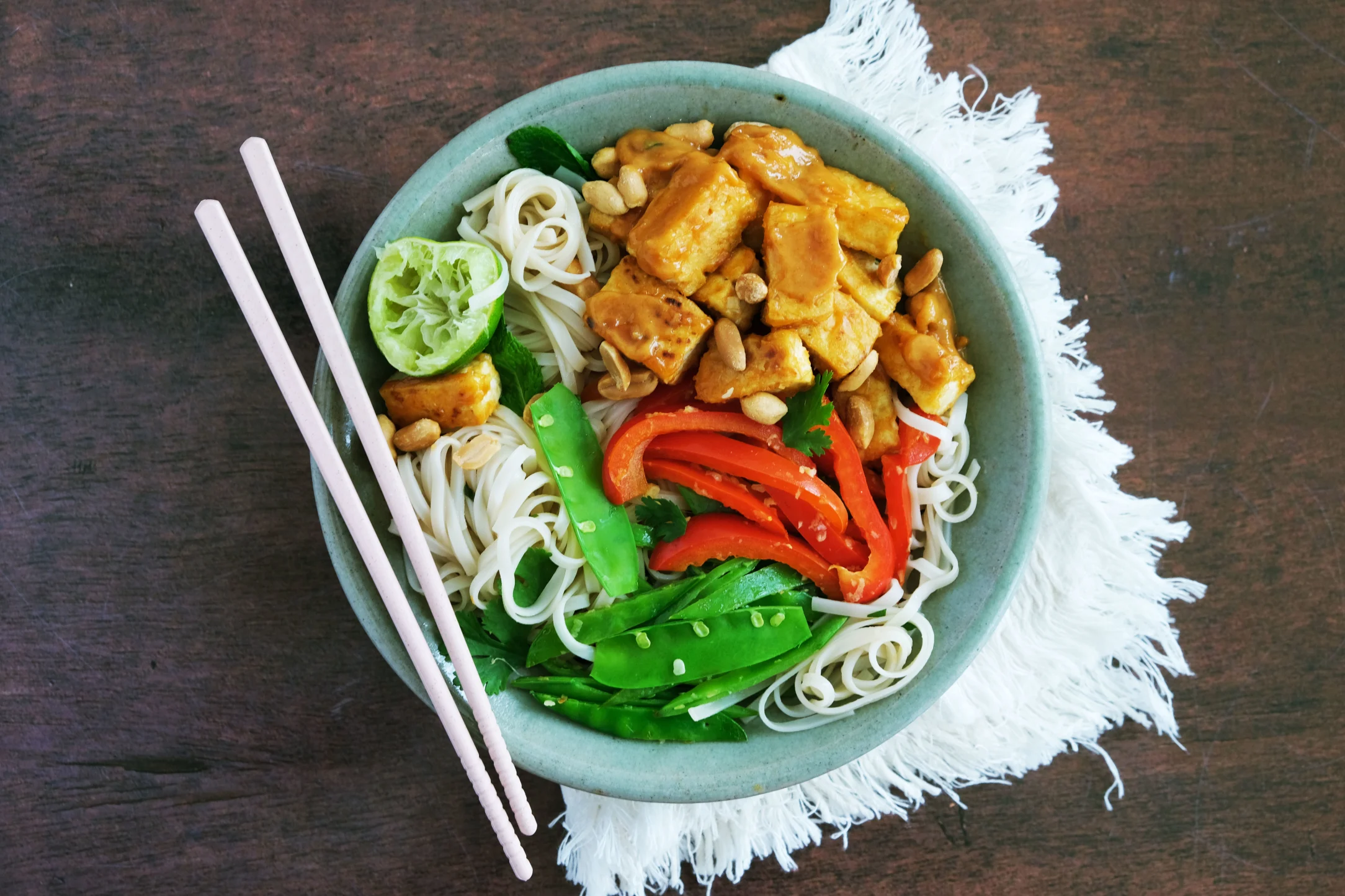 Satay Tofu with Zingy Rice Noodles and Stir-fried Veg