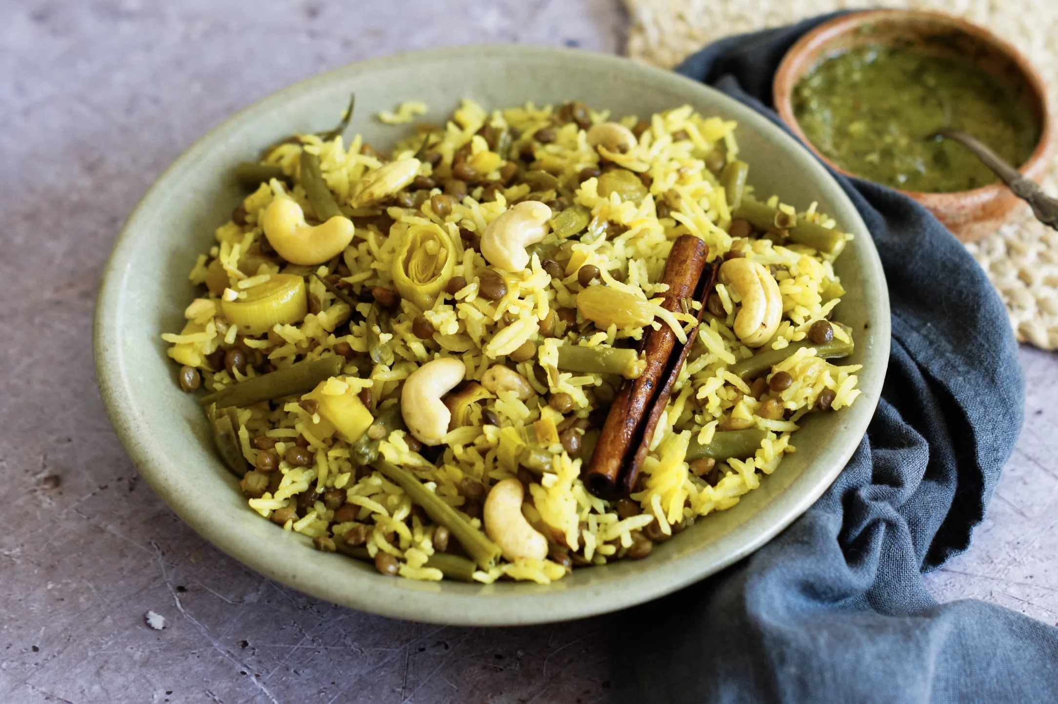 Lentil and Cashew Biriyani with Coriander Chutney