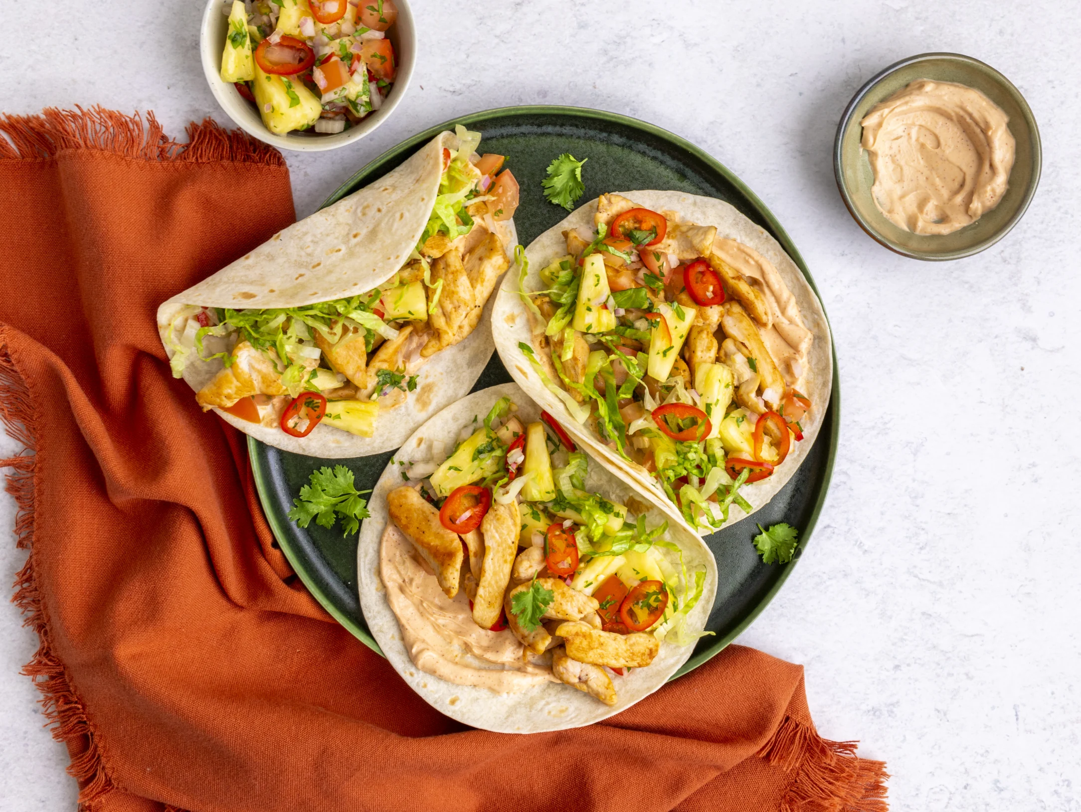 Chicken Tacos with Pineapple Salsa and Chipotle Cream