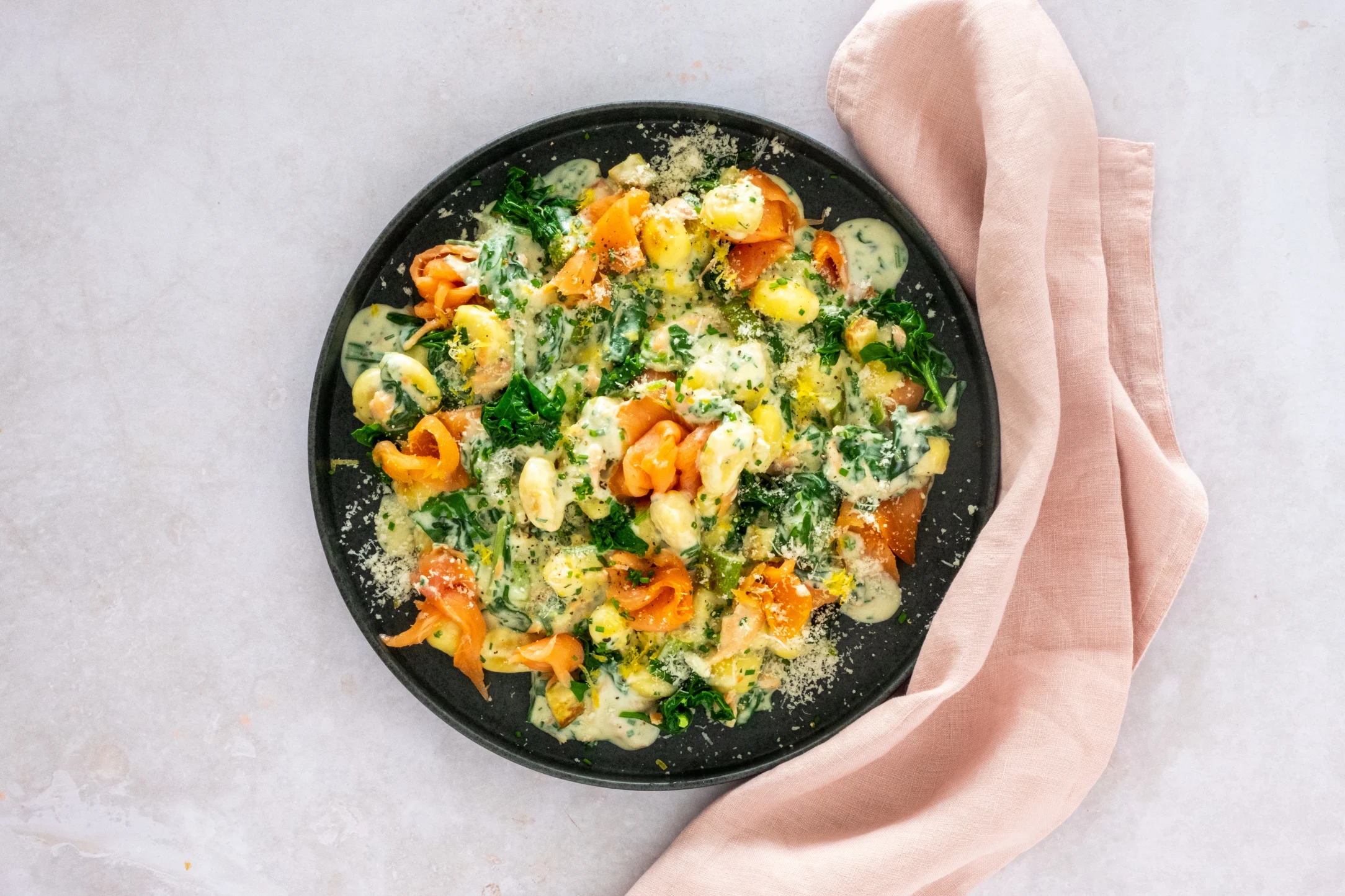 One Pan Gnocchi with Creamy Smoked Salmon, Zucchini and Spinach