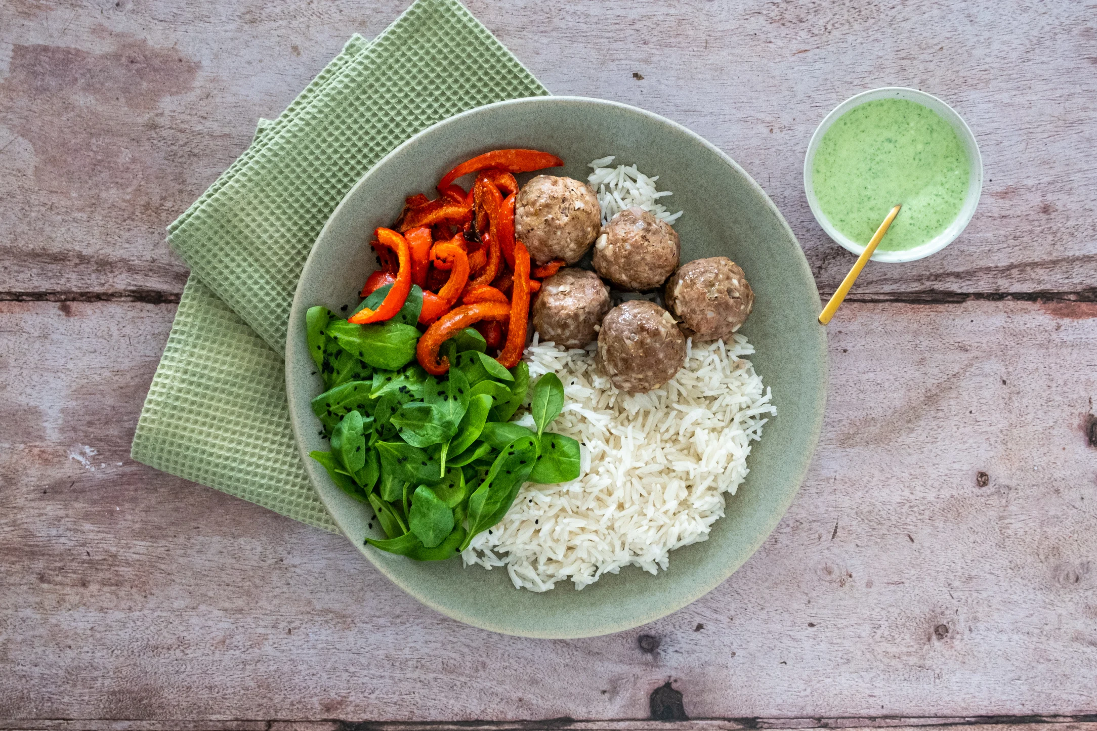 Beef Meatballs with Curried Peppers, Rice and Homemade Mint Chutney