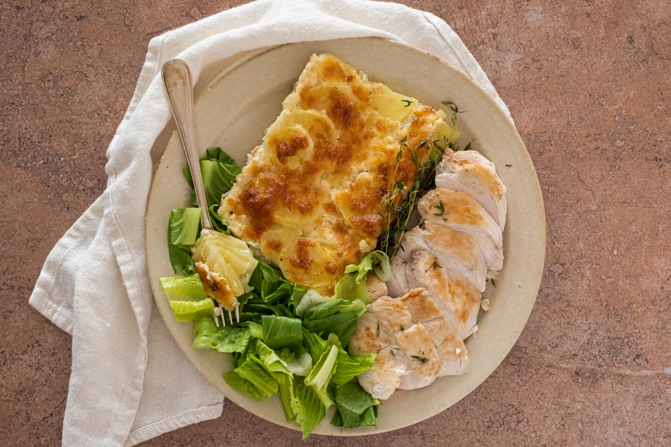 Dauphinoise Potatoes with Chicken and Green Salad