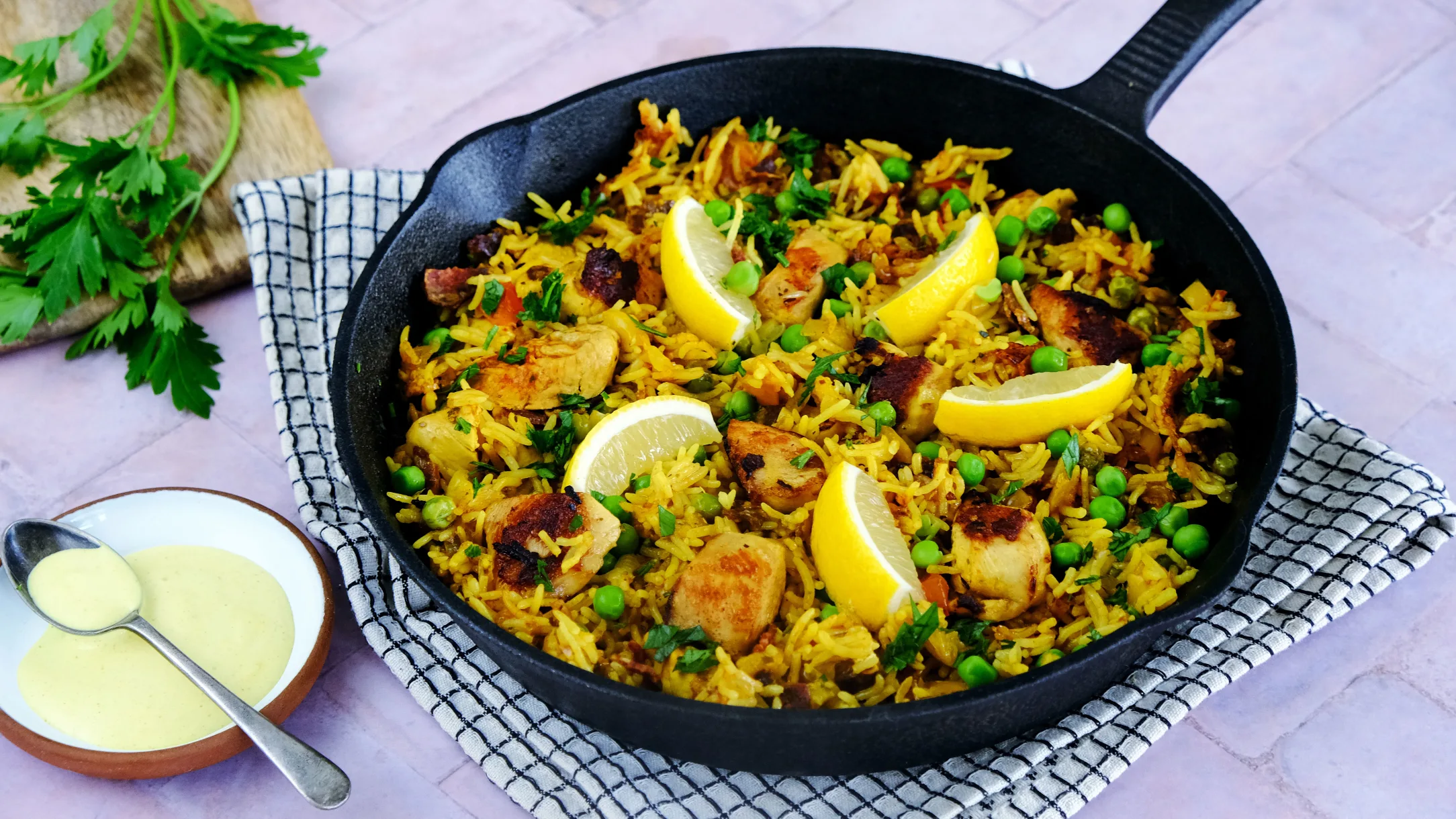 Chicken Paella with Peas and Sunny Aioli