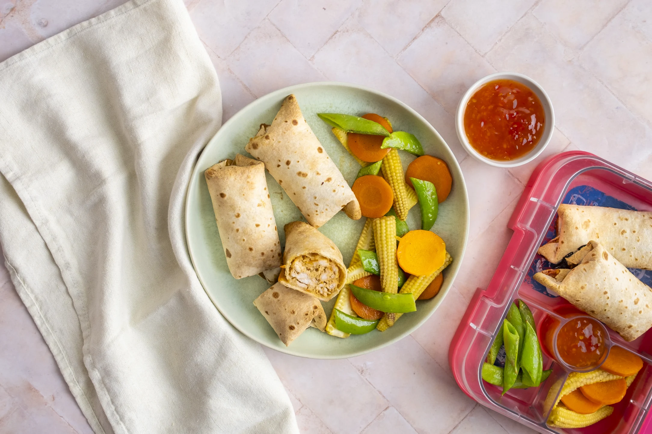 Hoisin Chicken 'Spring Rolls' with Sugar Snap Peas, Baby Corn and Sweet Chilli Dipping Sauce